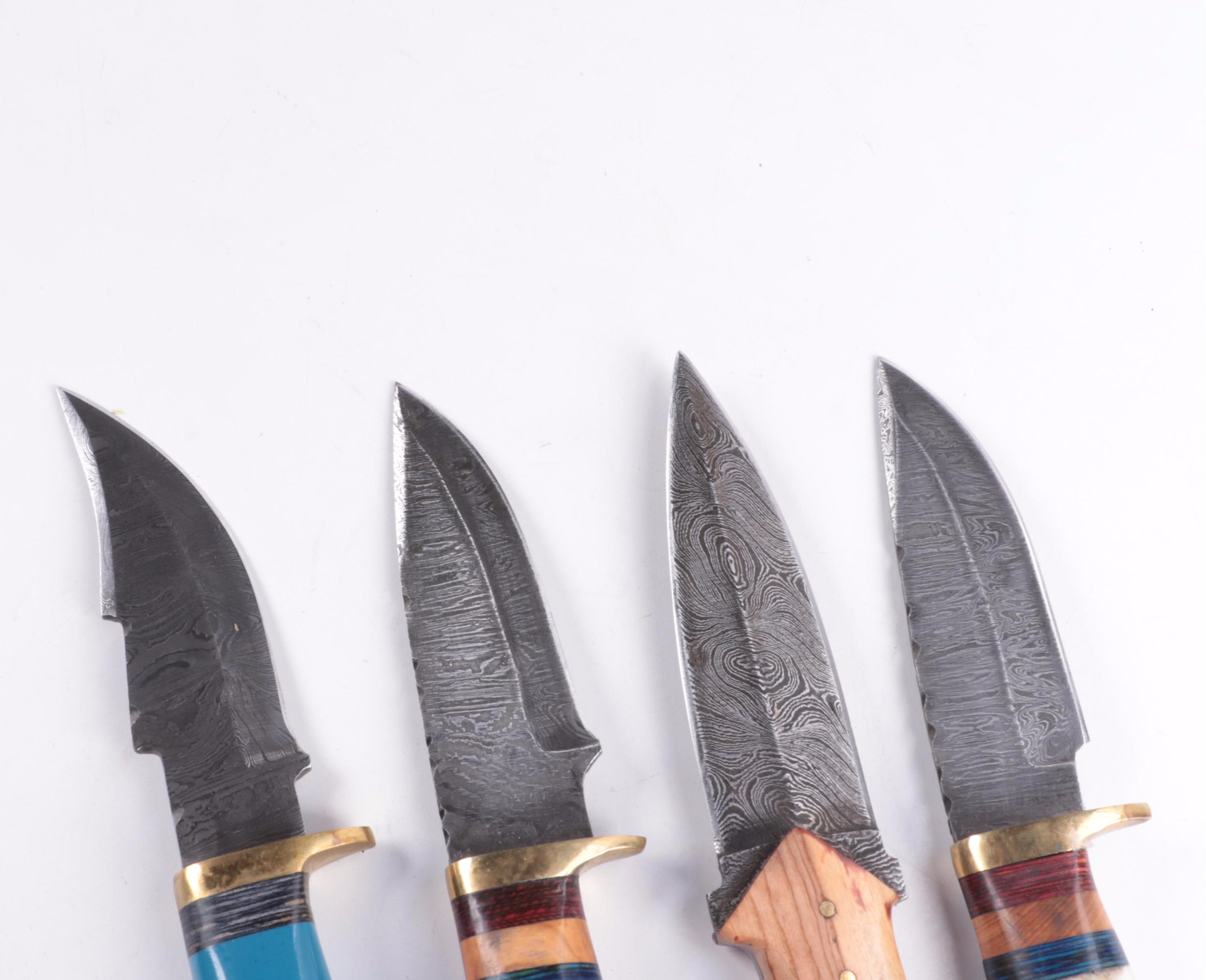 Damascus Steel Fixed Blade Knives with Leather Sheaths