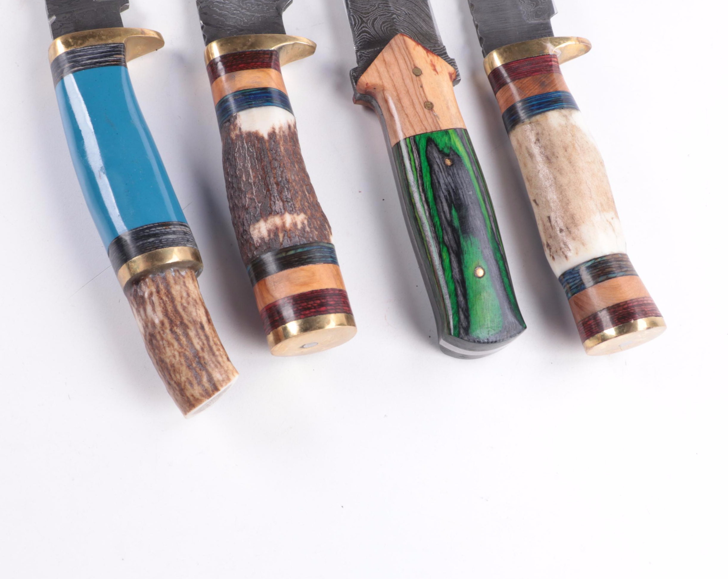 Damascus Steel Fixed Blade Knives with Leather Sheaths