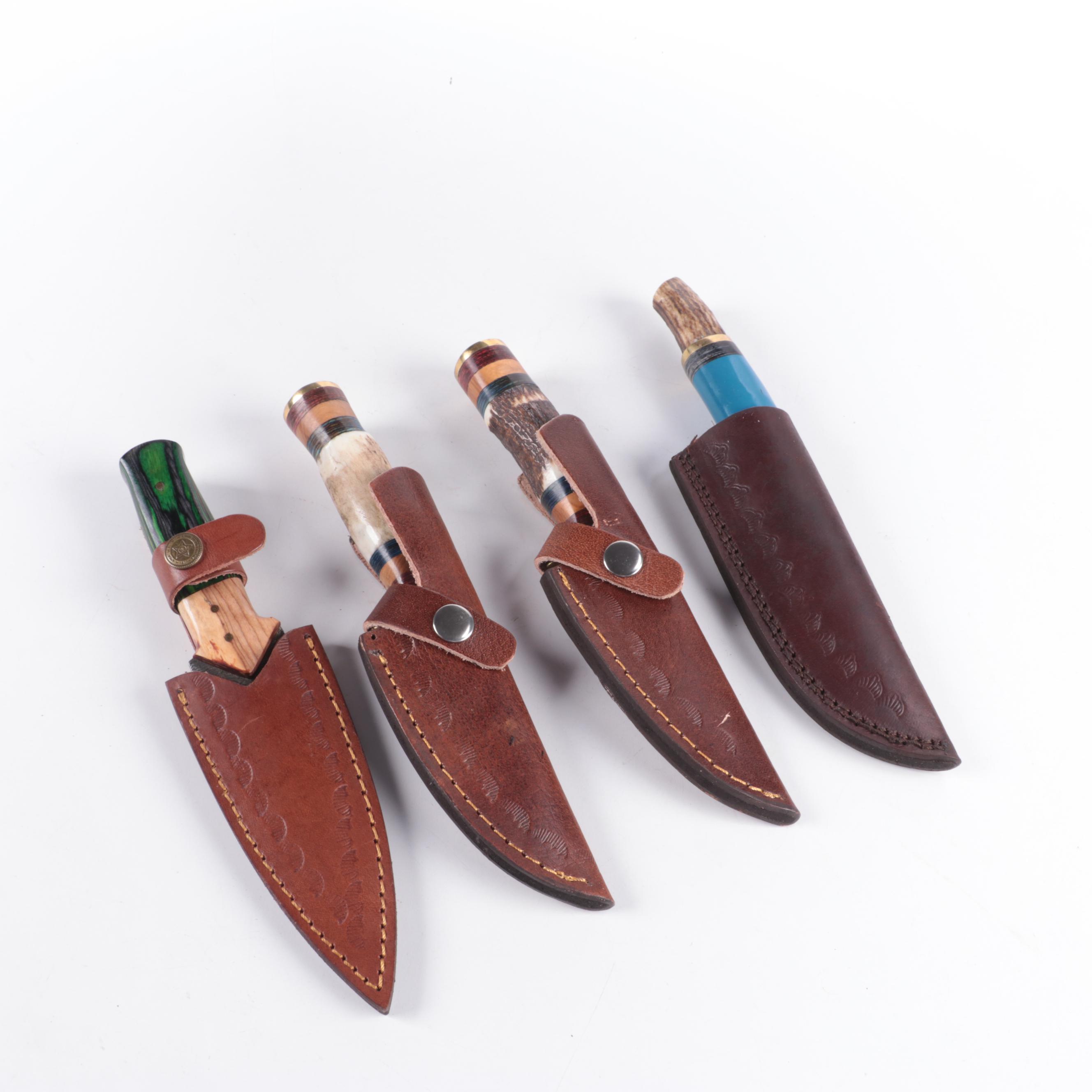 Damascus Steel Fixed Blade Knives with Leather Sheaths