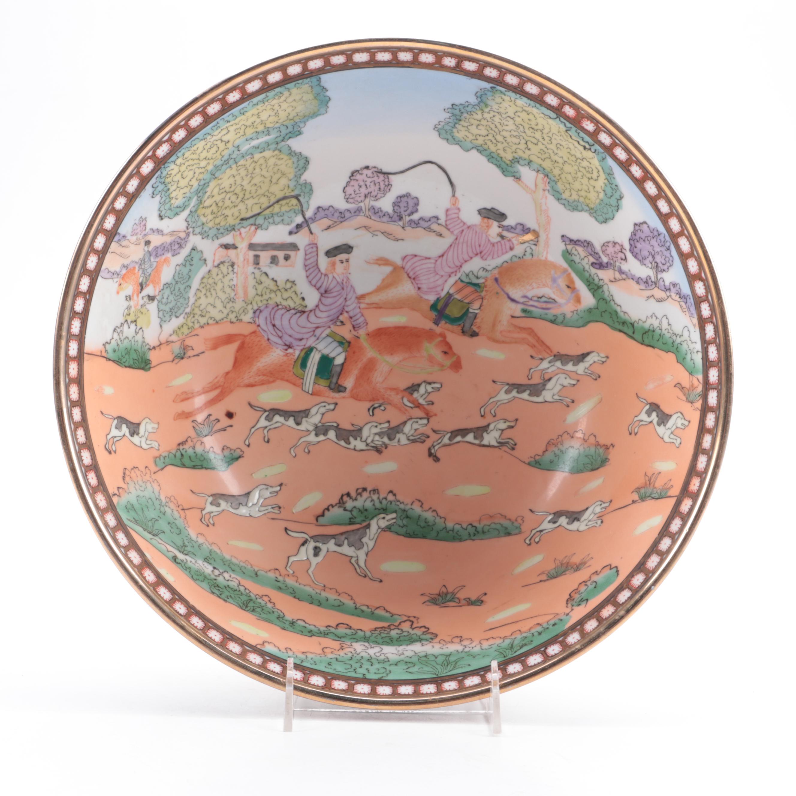 Chinese Export Porcelain Fox Hunting Bowl with Carved Stand