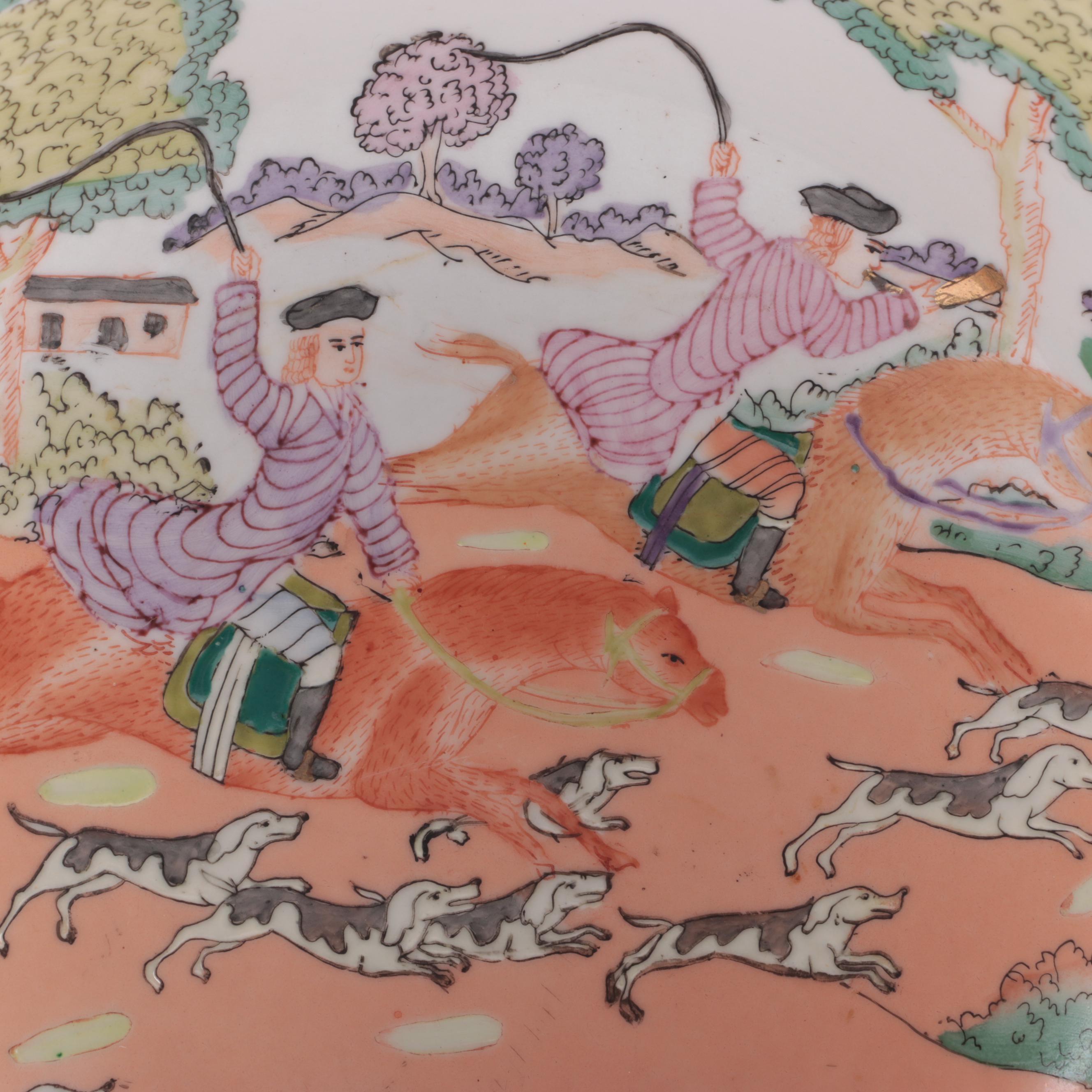 Chinese Export Porcelain Fox Hunting Bowl with Carved Stand