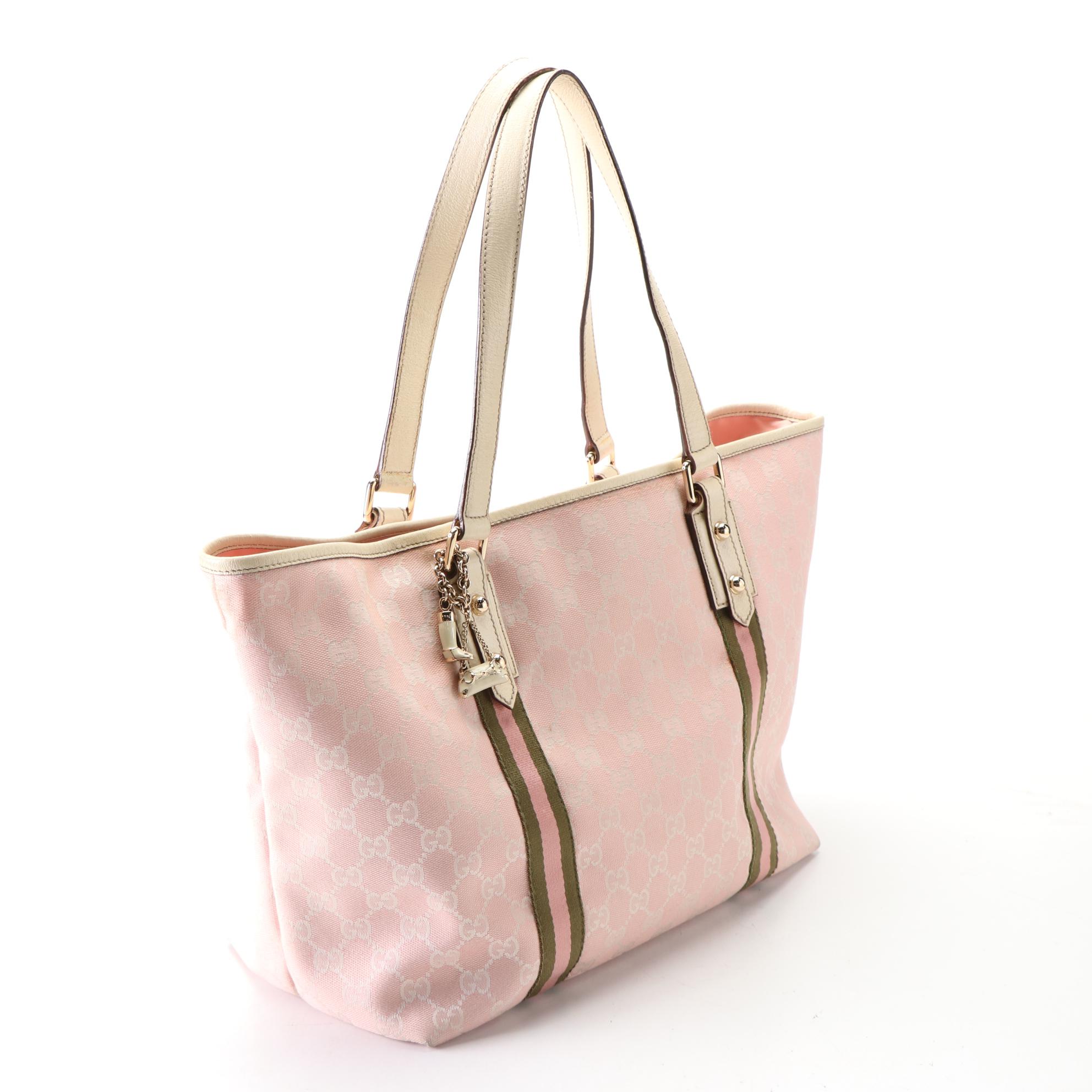 Gucci Jolicoeur Tote in Pink GG Canvas with Webbing and Leather Trim