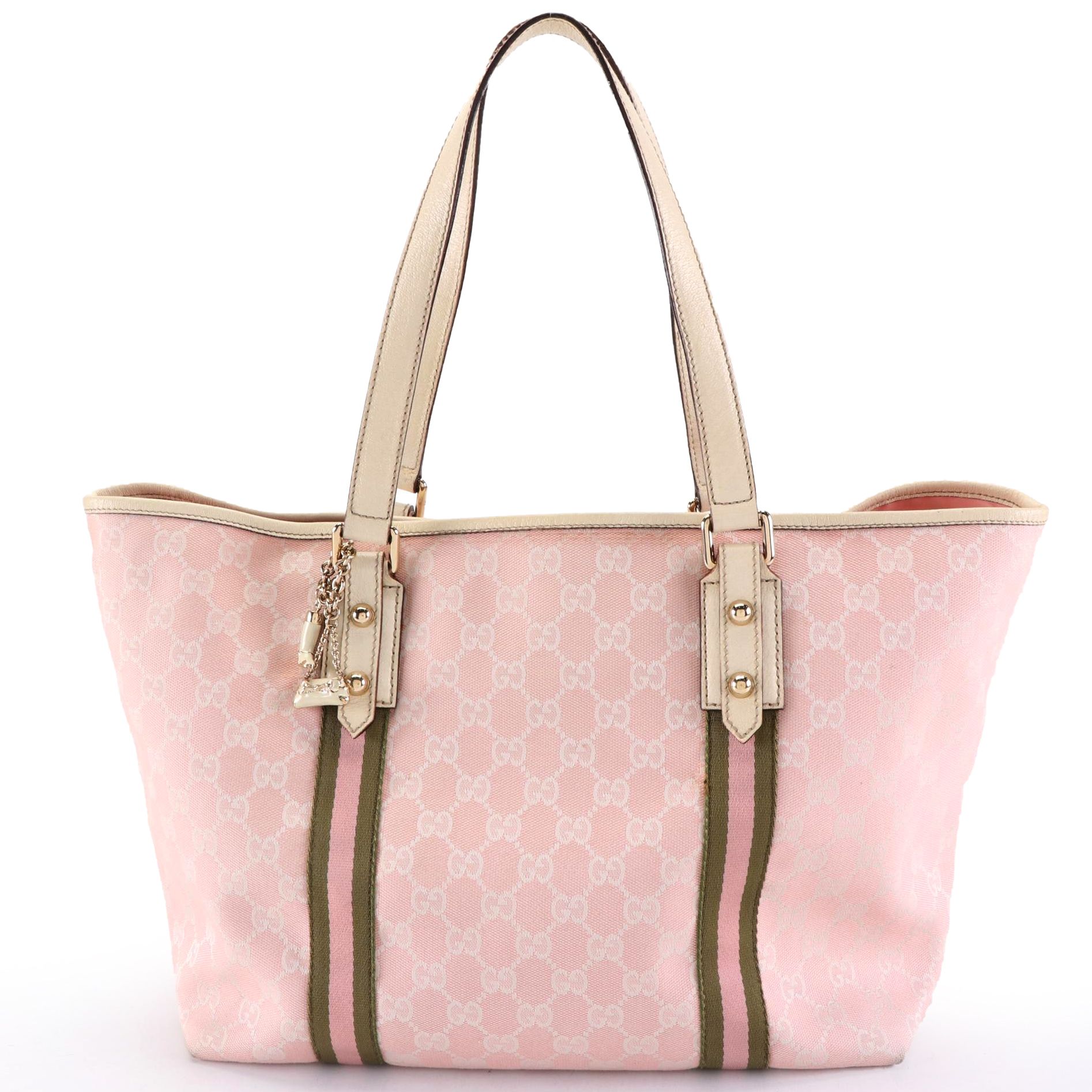 Gucci Jolicoeur Tote in Pink GG Canvas with Webbing and Leather Trim