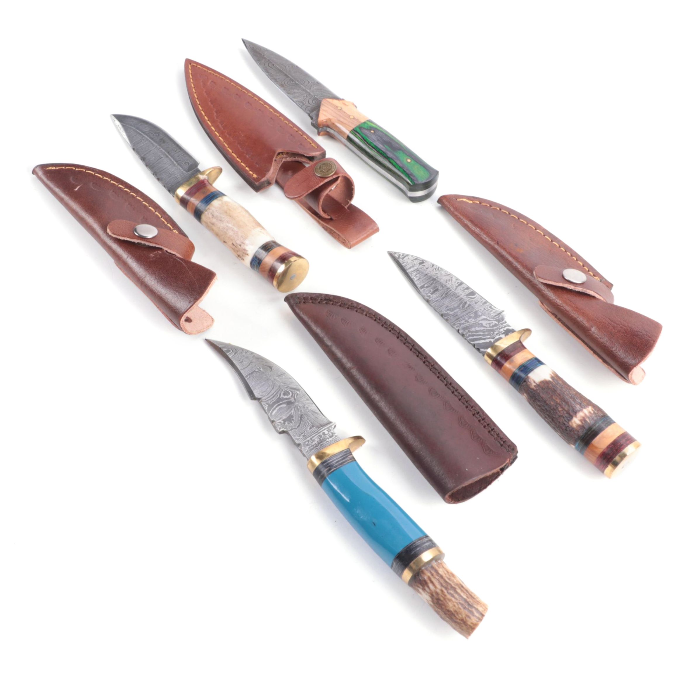Damascus Steel Fixed Blade Knives with Leather Sheaths