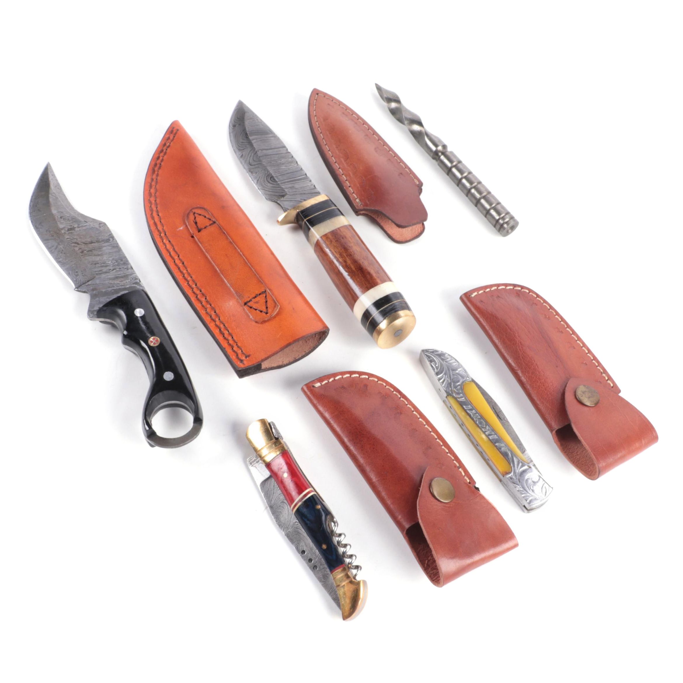 Demascus Steel Tri-Dagger, Pocket and Fixed Blade Knives with Leather Scabbards