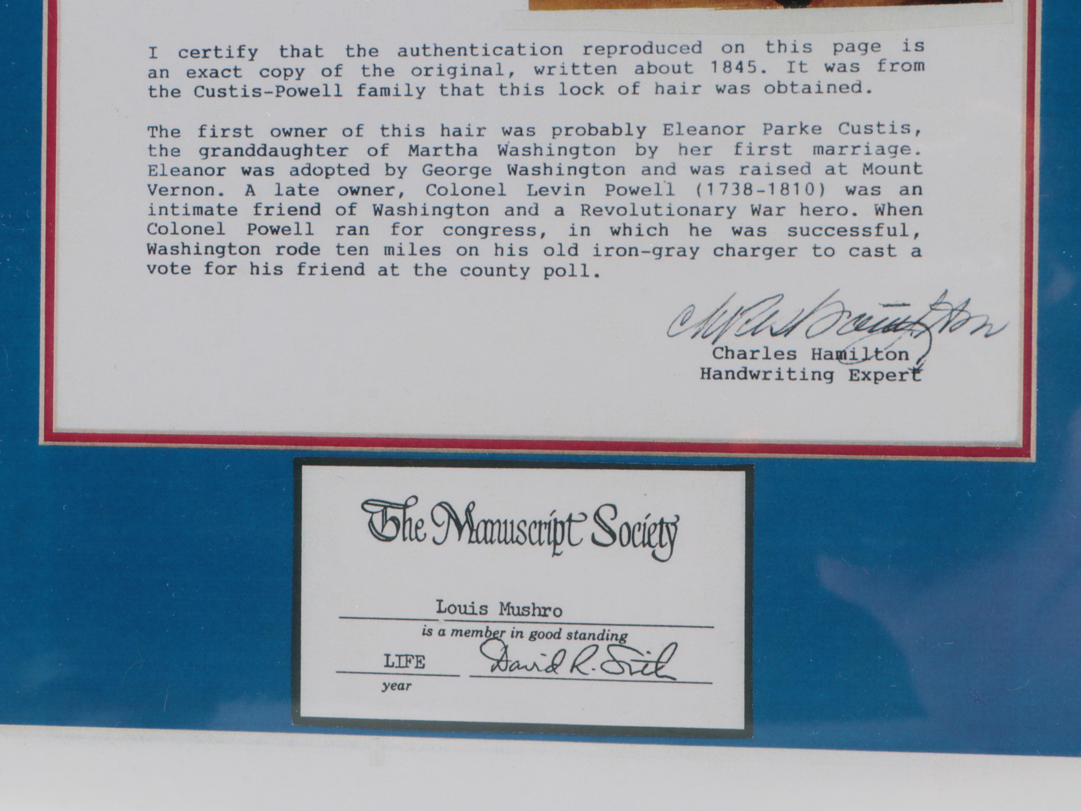 Louis Mushro Certified Hair Sample Attributed to George Washington