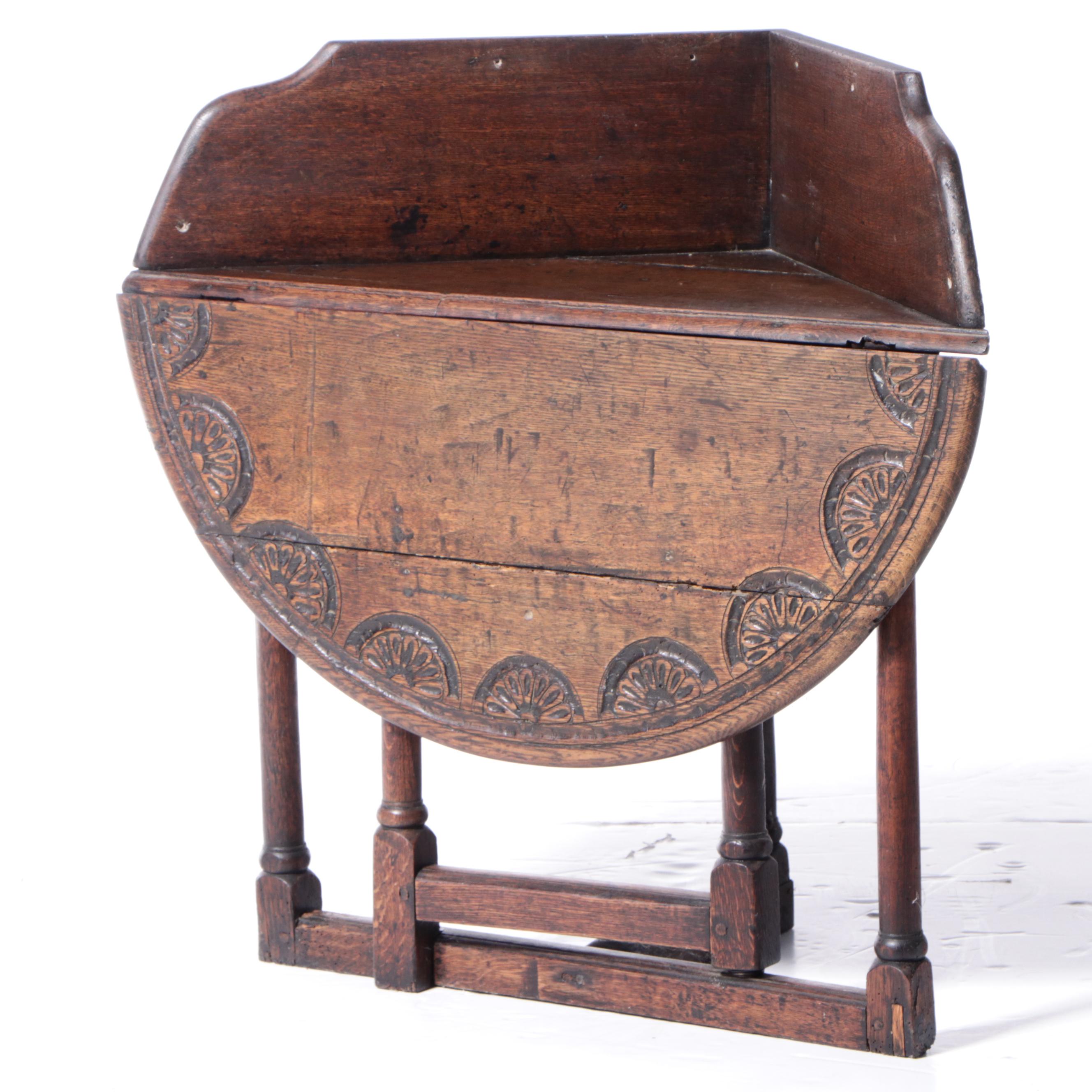Carved Oak Drop Leaf Corner Table, Probably Charles II