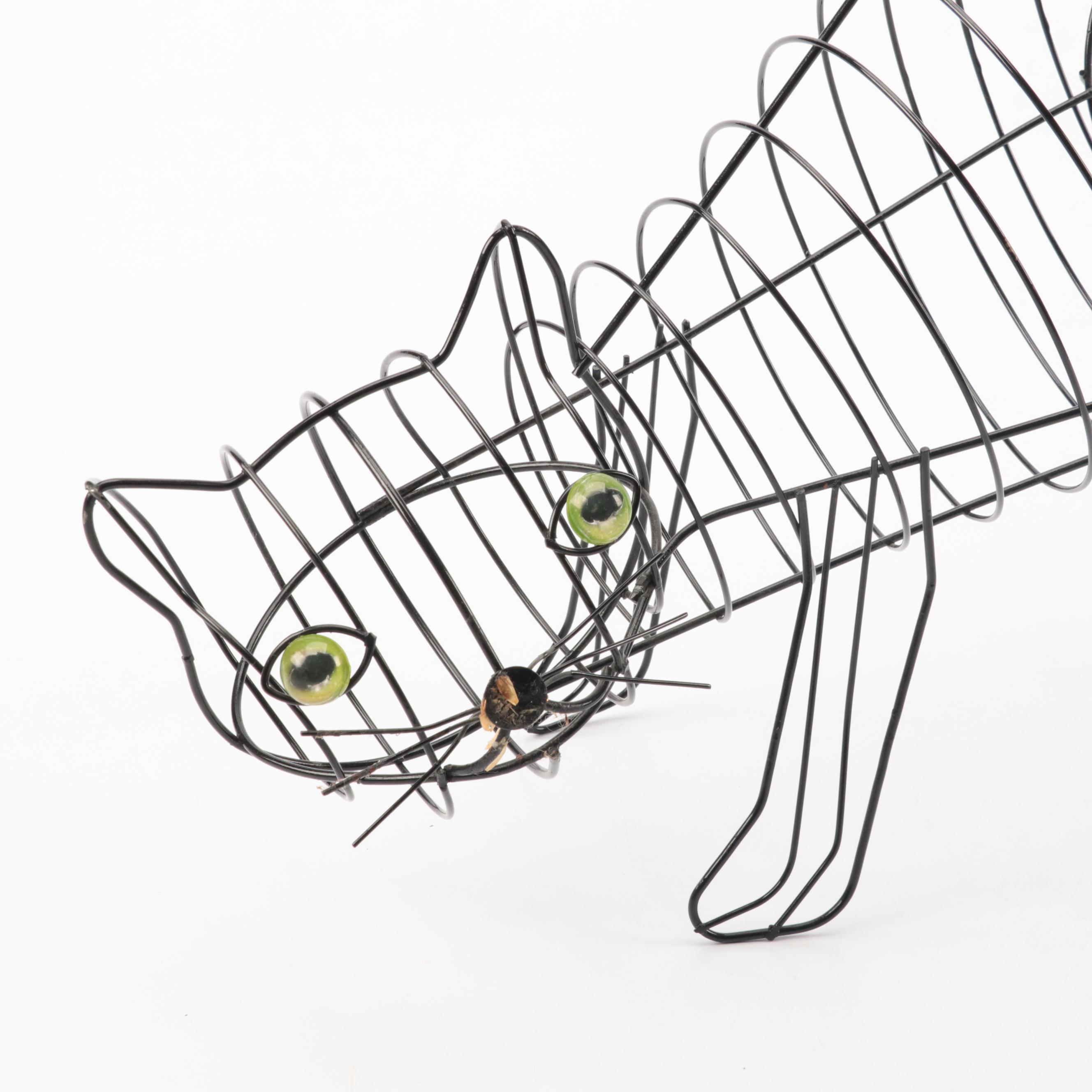 Black Cat Wire Sculpture with Glass Eyes