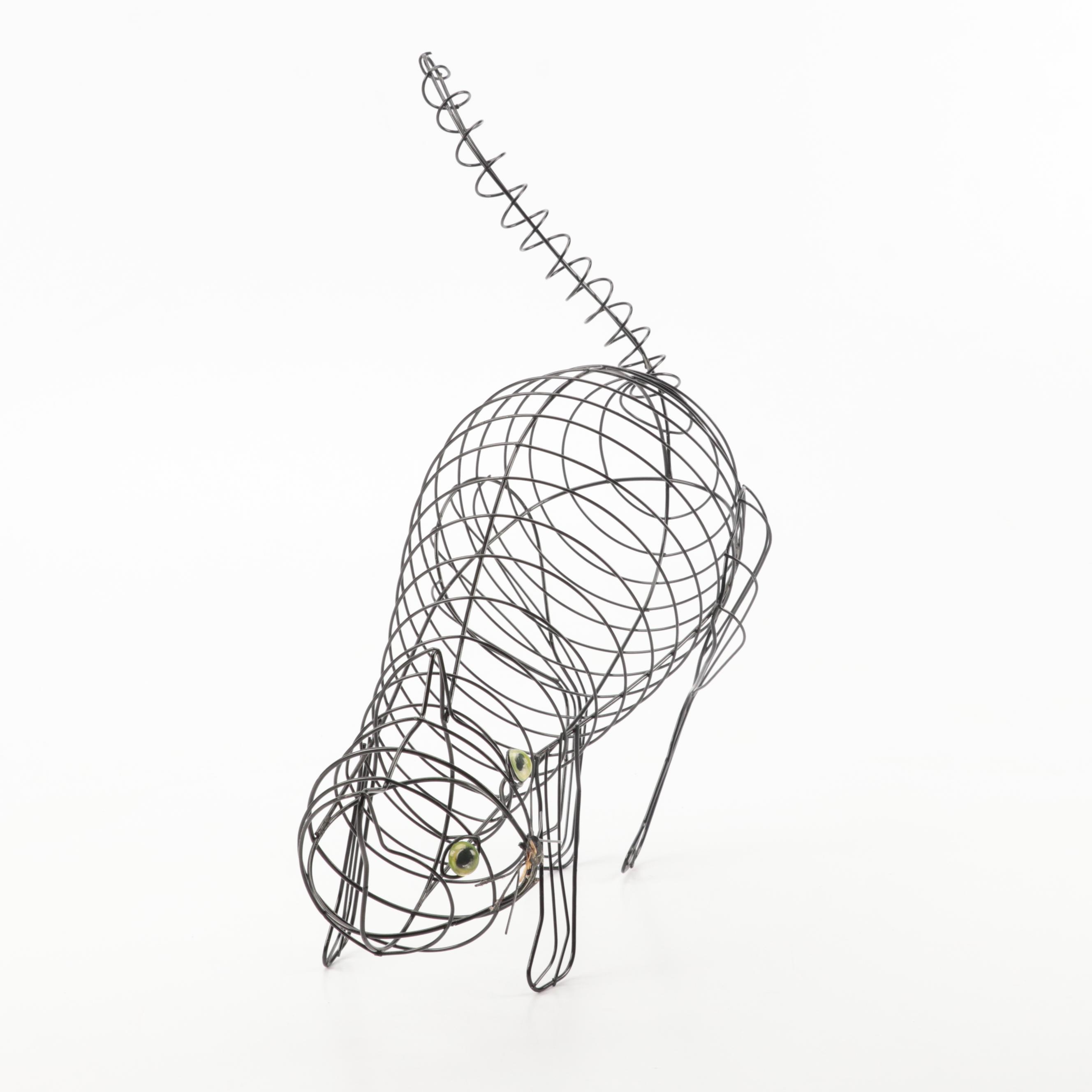 Black Cat Wire Sculpture with Glass Eyes