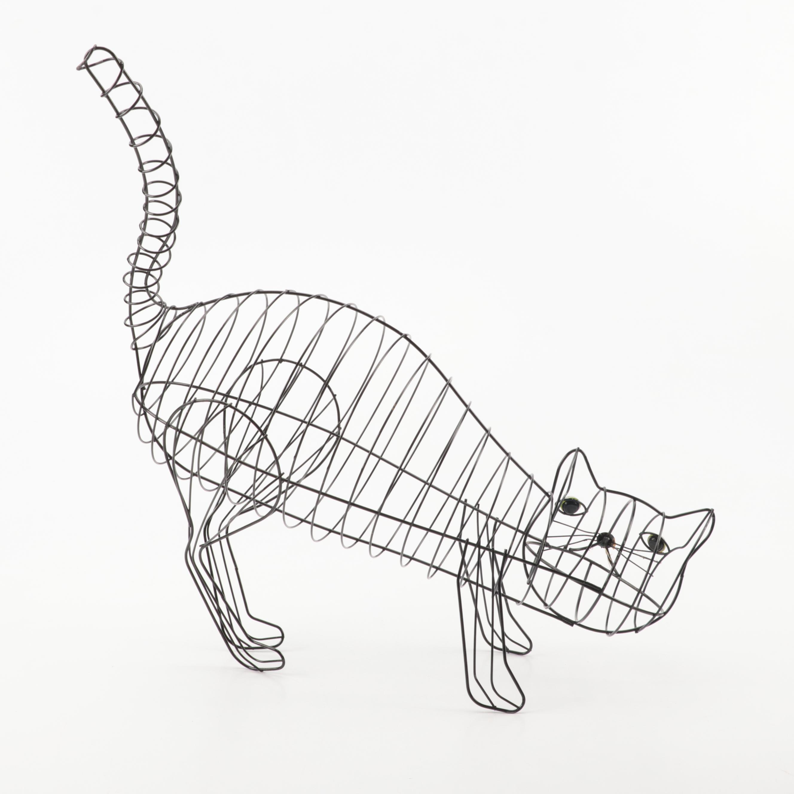 Black Cat Wire Sculpture with Glass Eyes