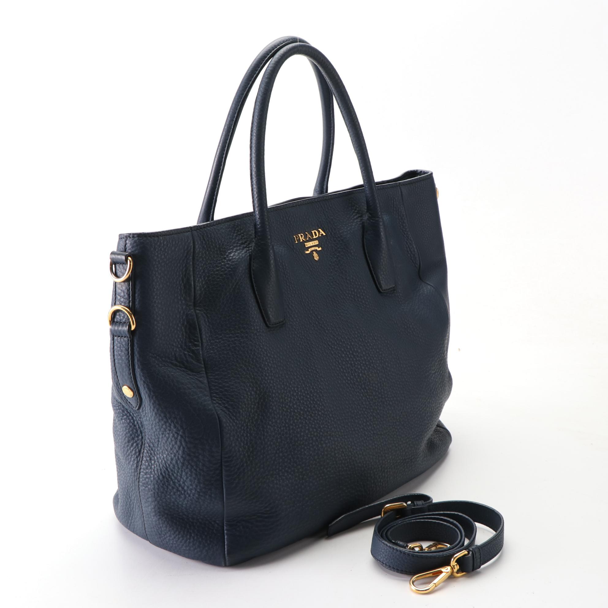 Prada Two-Way Tote Bag in Navy Vitello Daino Leather