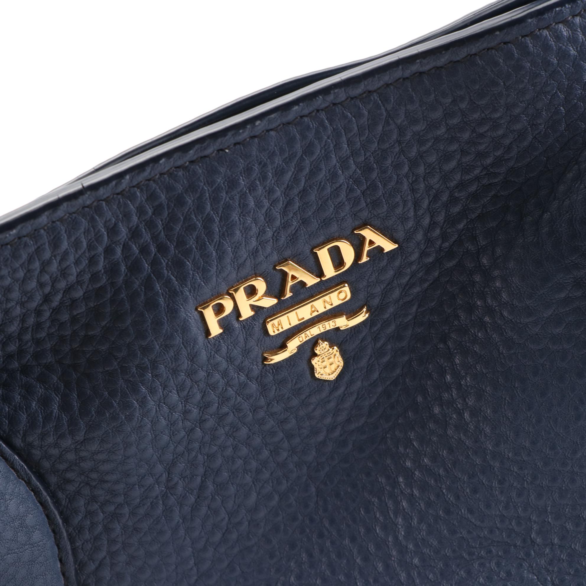 Prada Two-Way Tote Bag in Navy Vitello Daino Leather