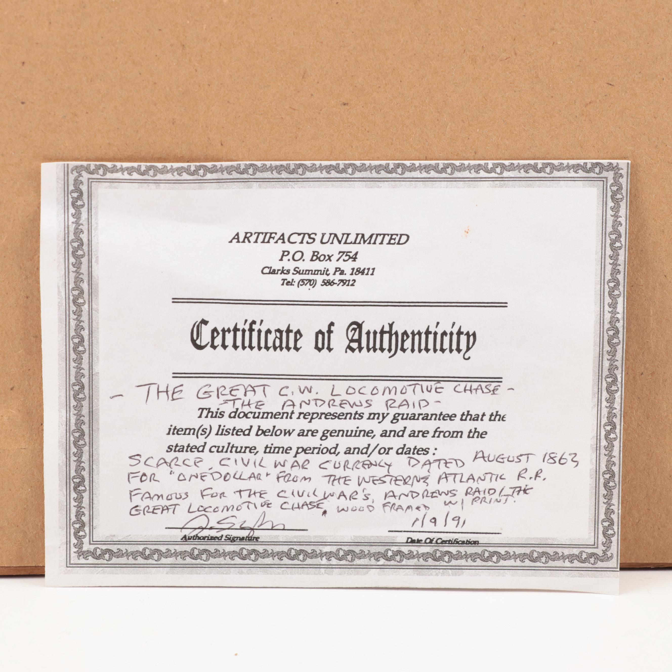 Locomotive Display Featuring Western & Atlantic Railroad Obsolete Currency Note