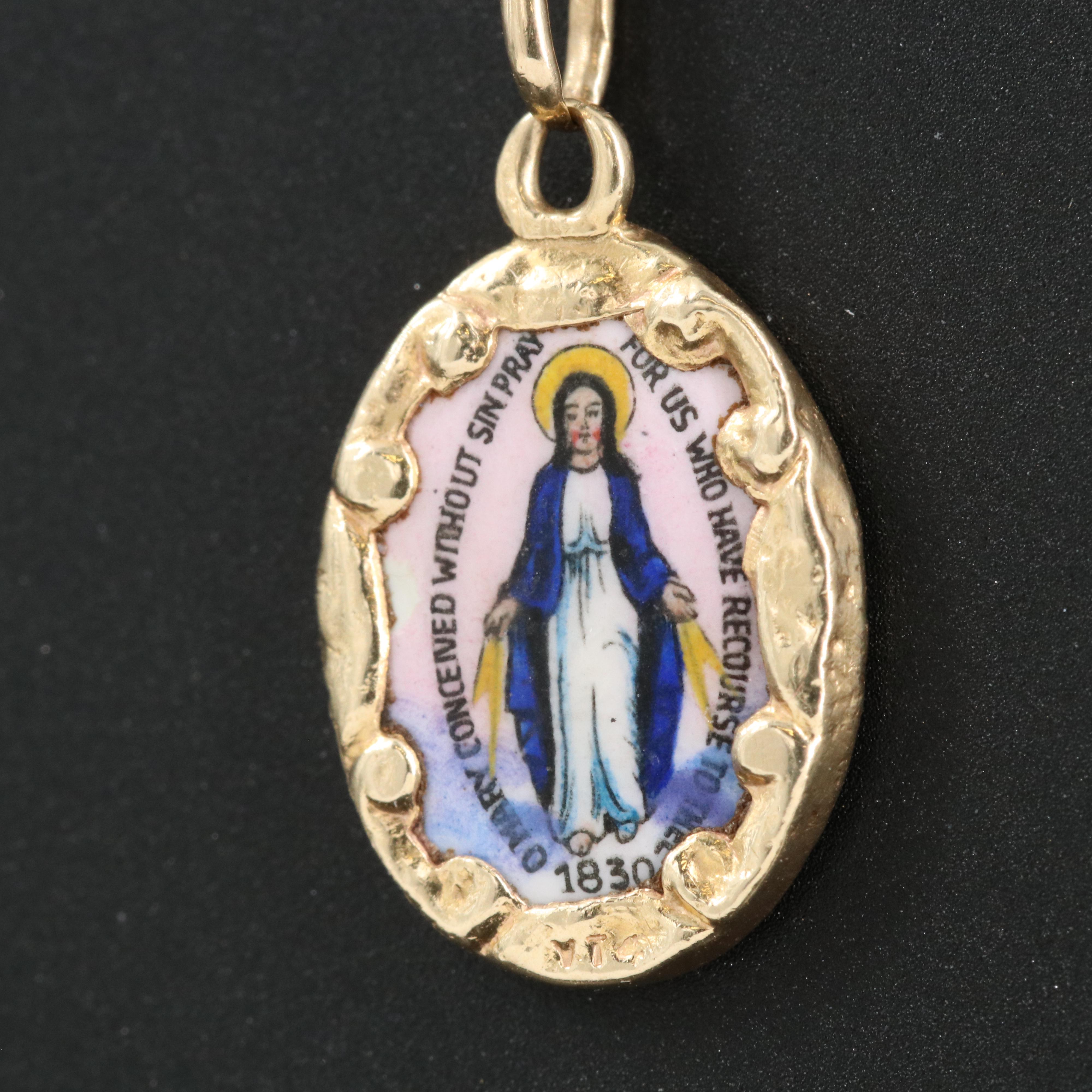 14K Porcelain Virgin Mary Pendant