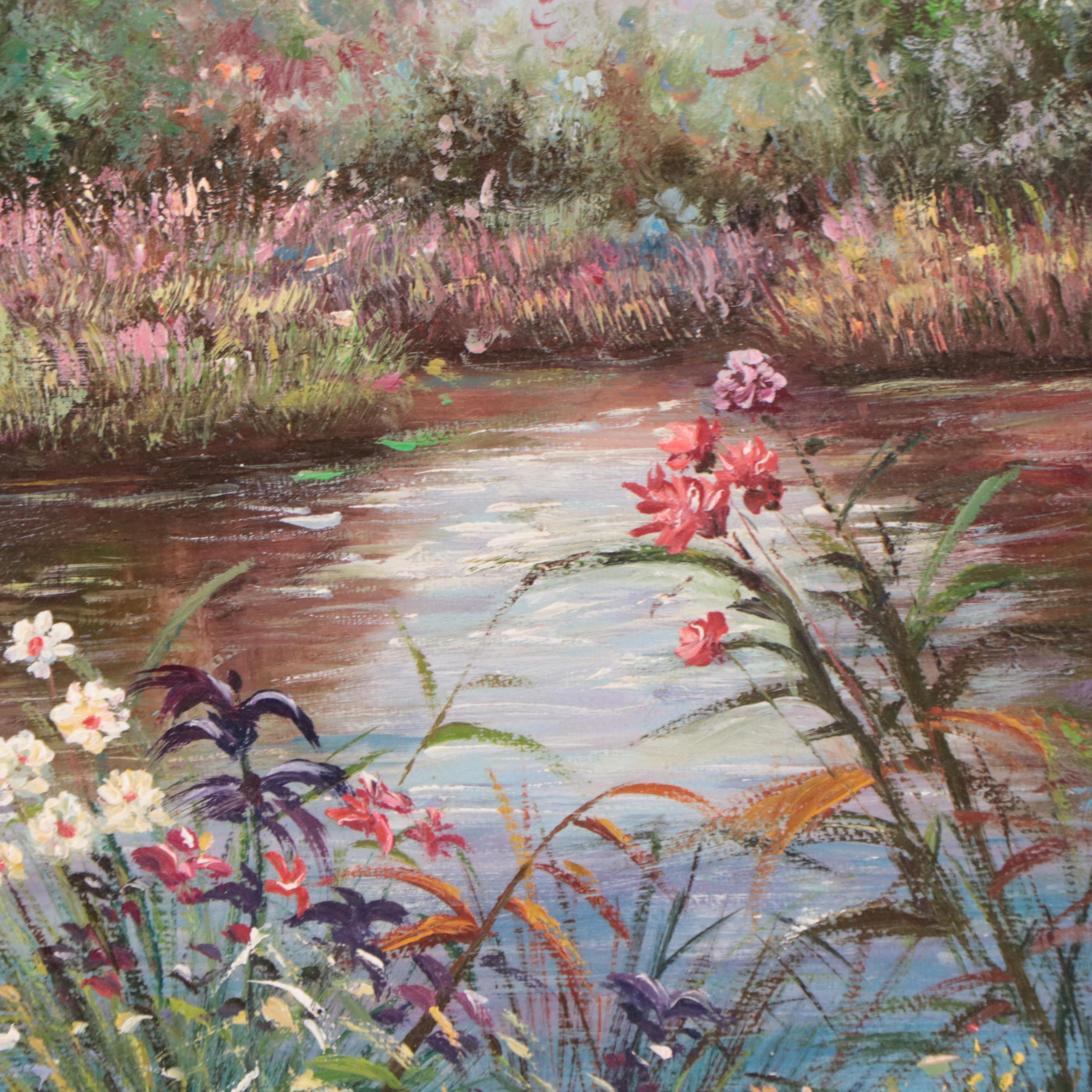 Landscape Oil Painting of Pond and Flowers