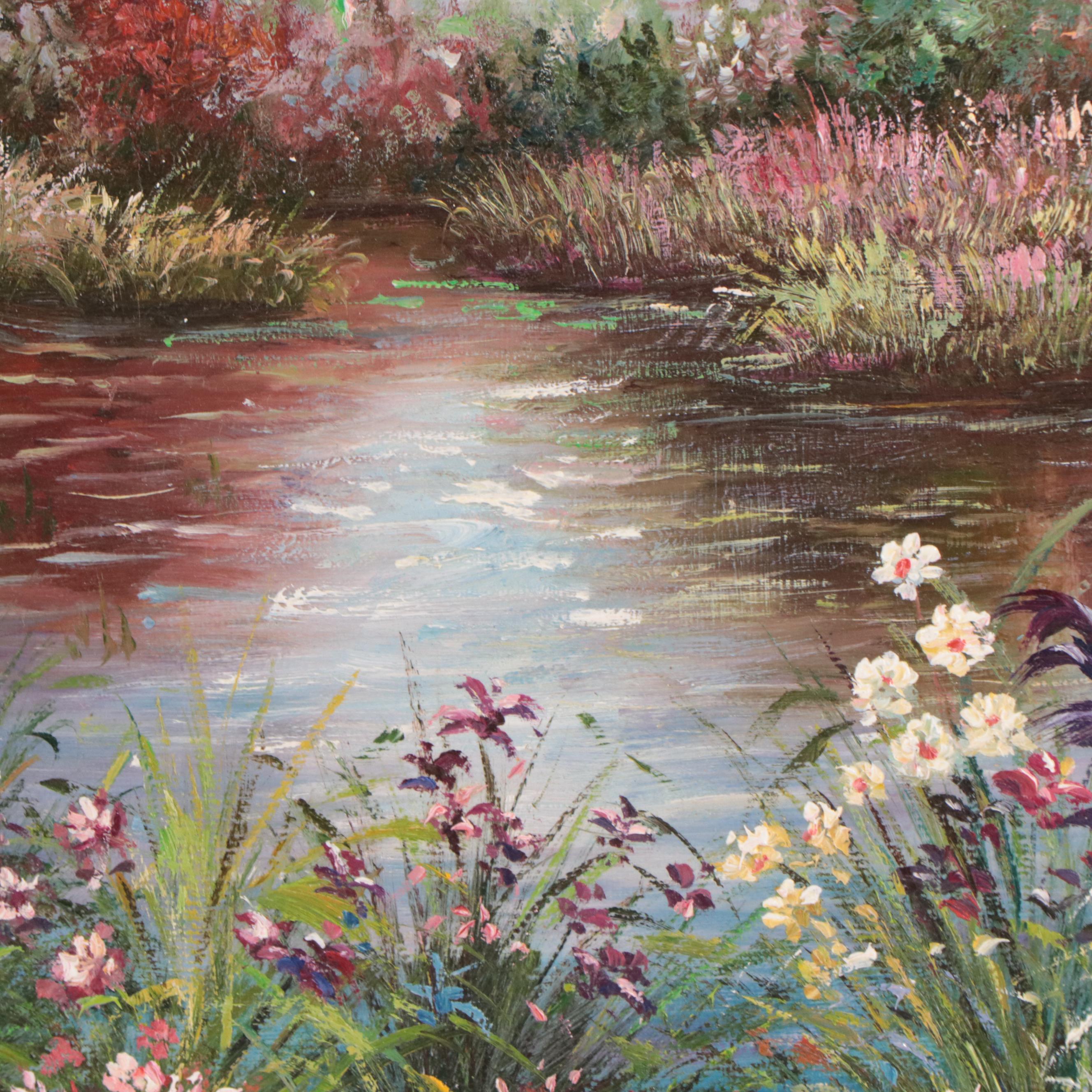 Landscape Oil Painting of Pond and Flowers