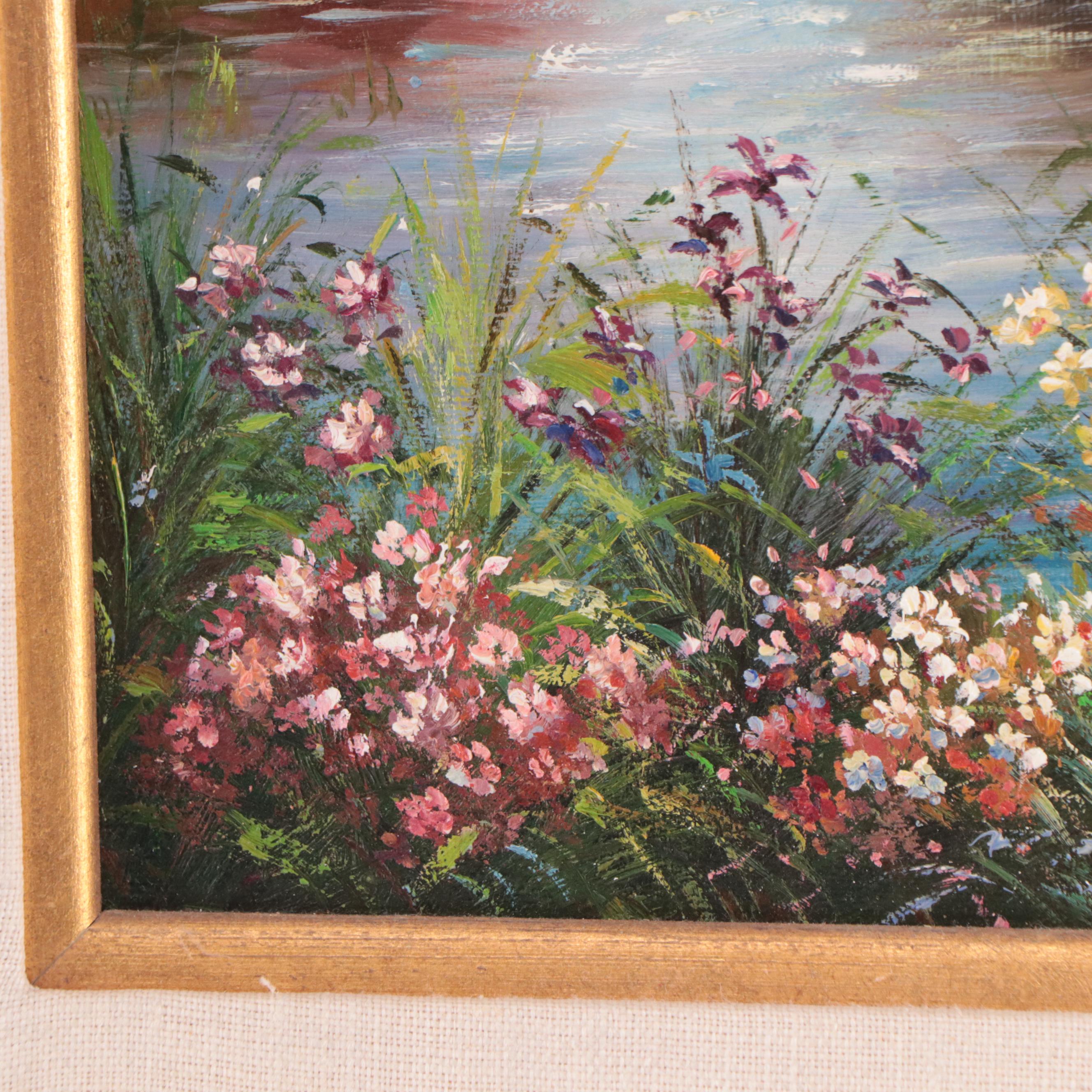 Landscape Oil Painting of Pond and Flowers
