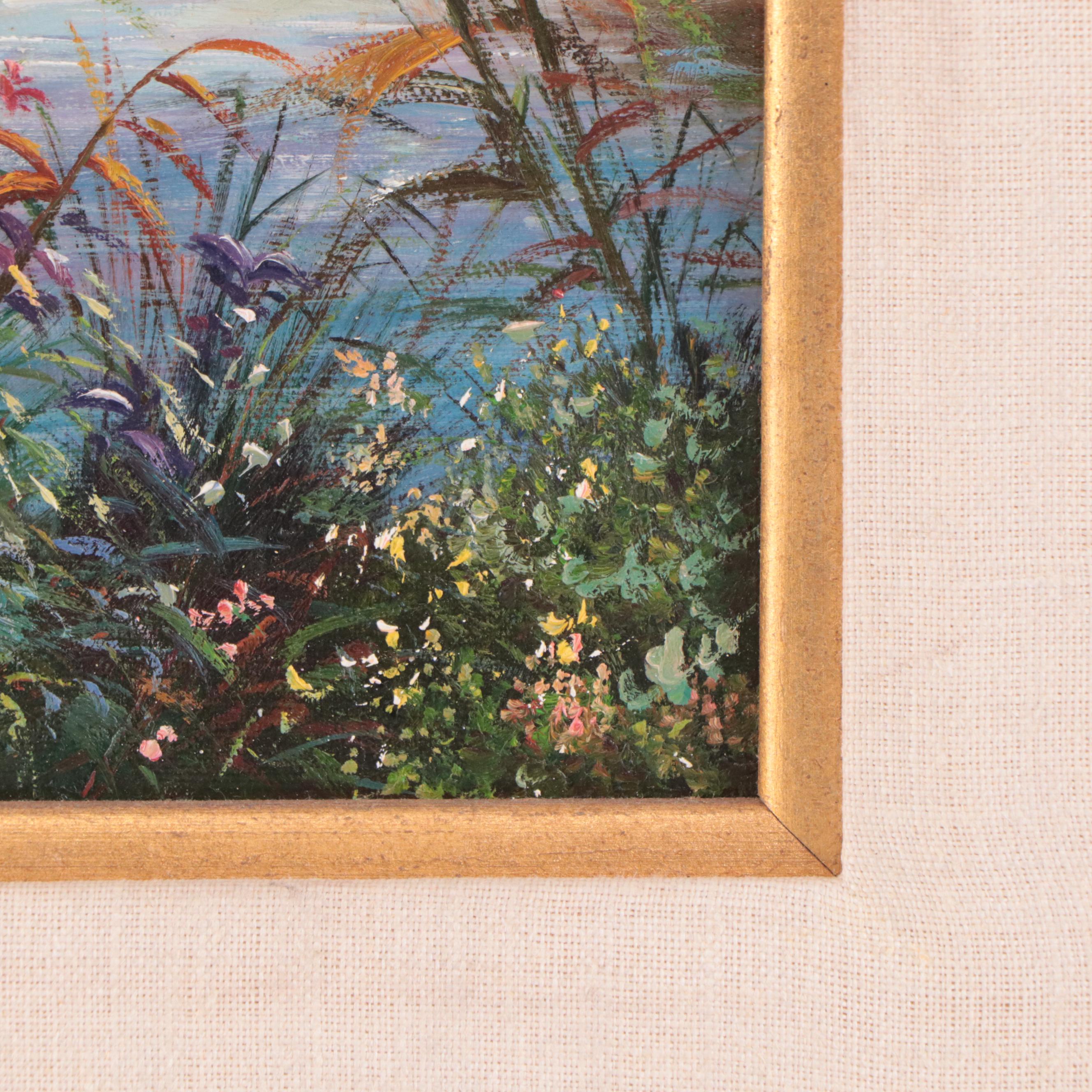 Landscape Oil Painting of Pond and Flowers