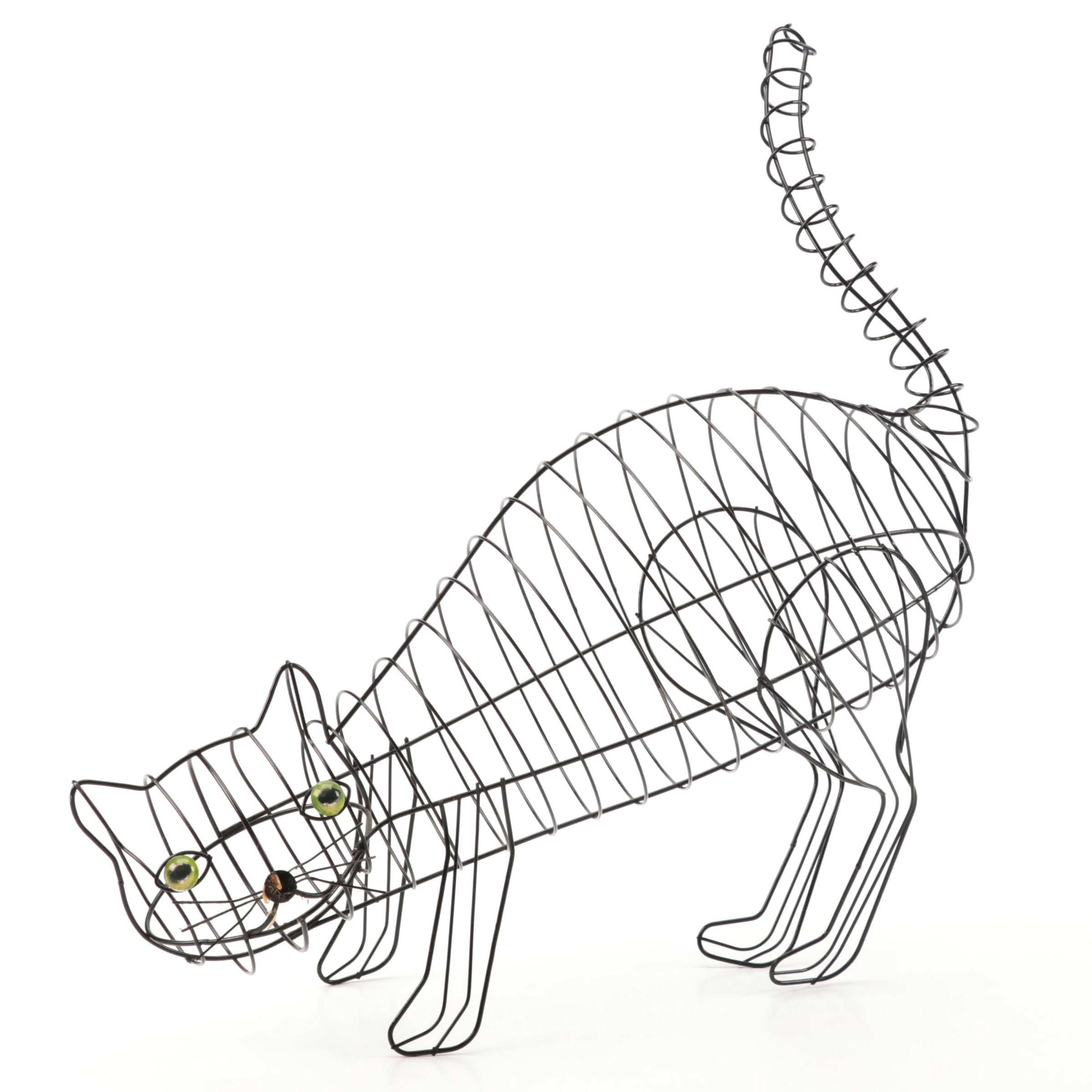 Black Cat Wire Sculpture with Glass Eyes