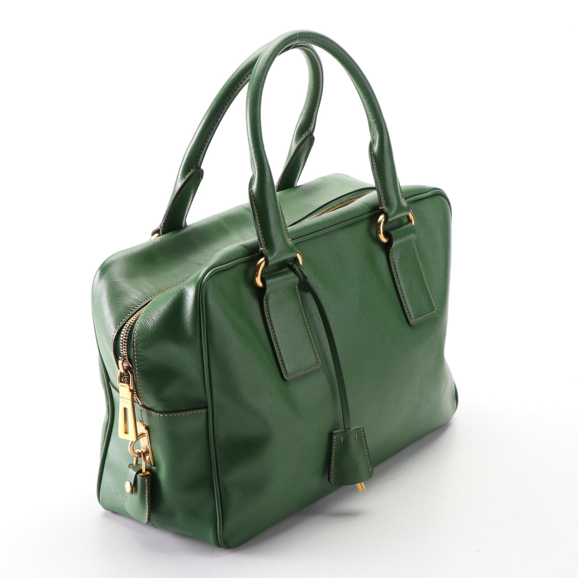 Prada Medium Bauletto Bag in Green Saffiano Leather