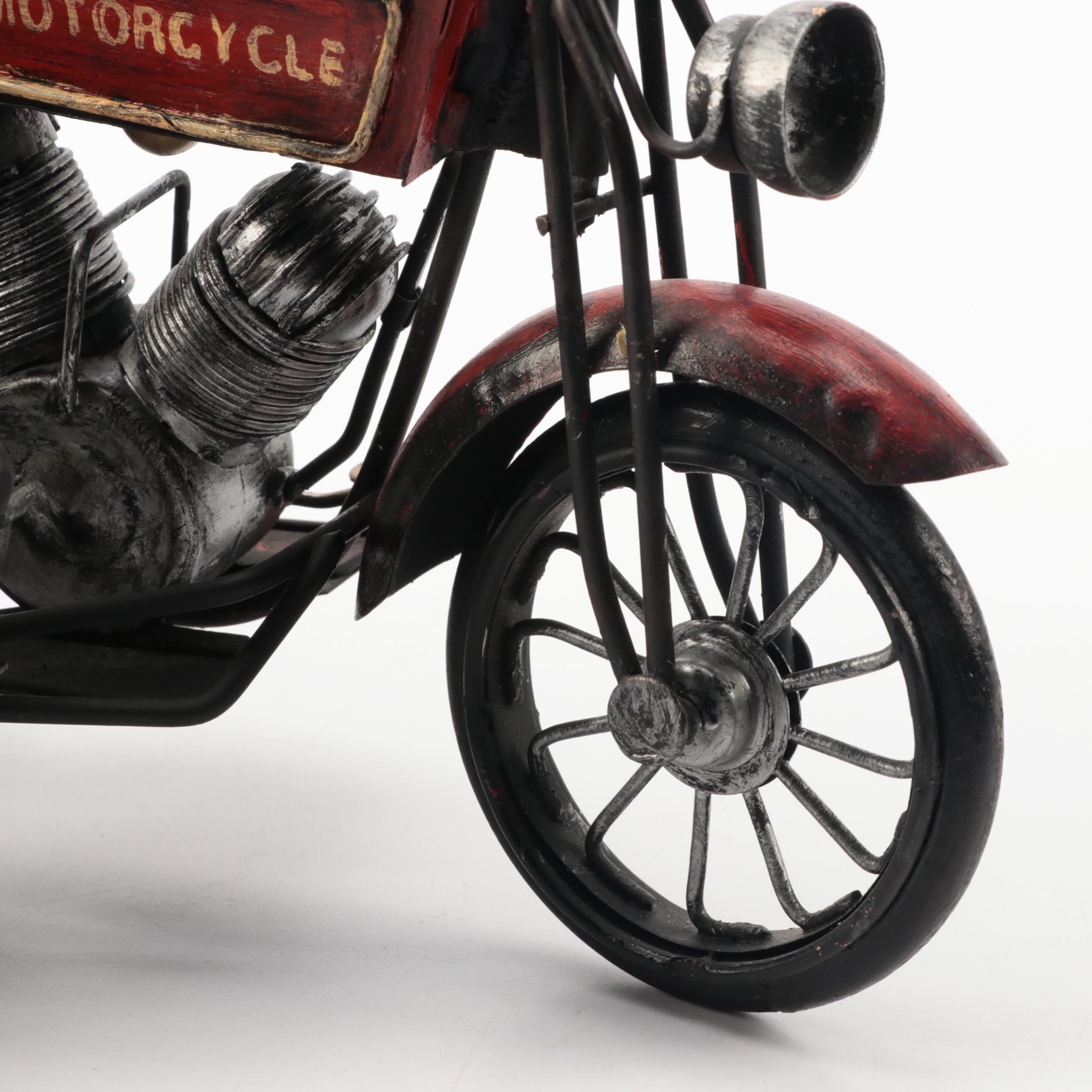 Hand-Painted Metal Model Motorcycle with Sidecar, Late 20th Century