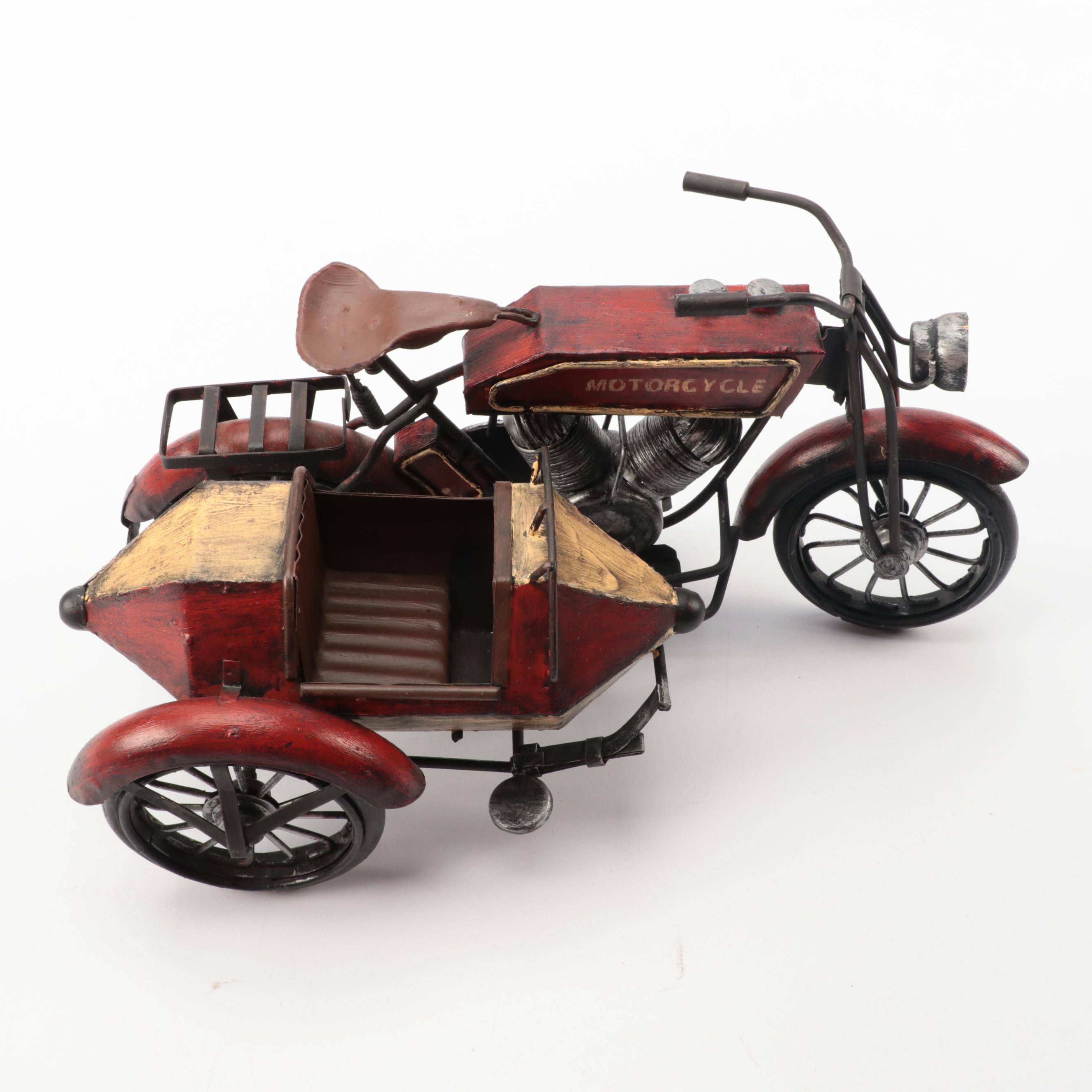 Hand-Painted Metal Model Motorcycle with Sidecar, Late 20th Century