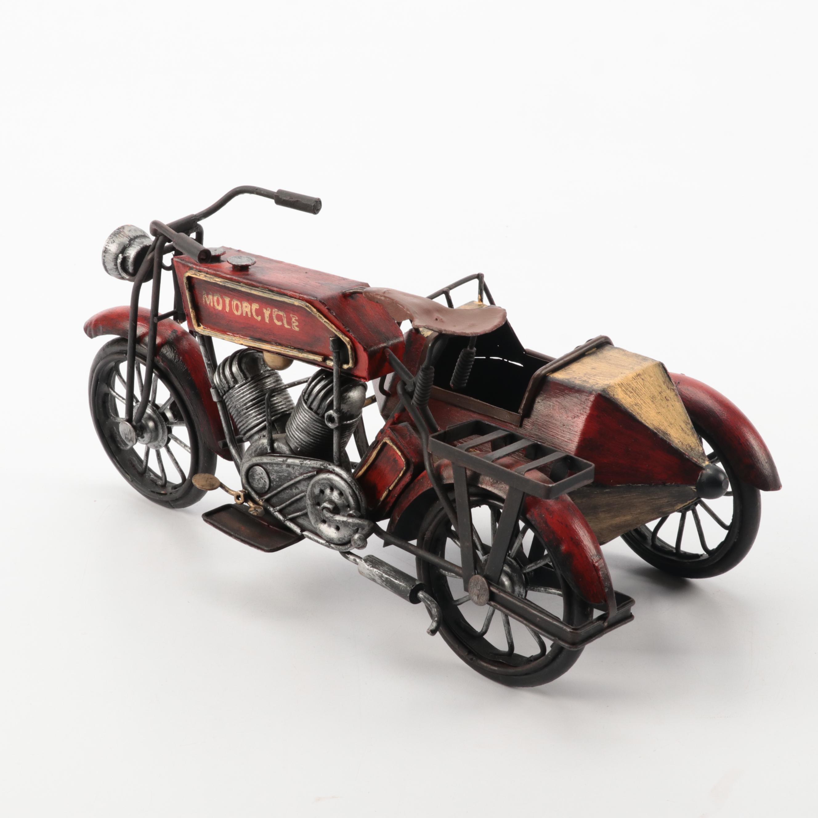 Hand-Painted Metal Model Motorcycle with Sidecar, Late 20th Century