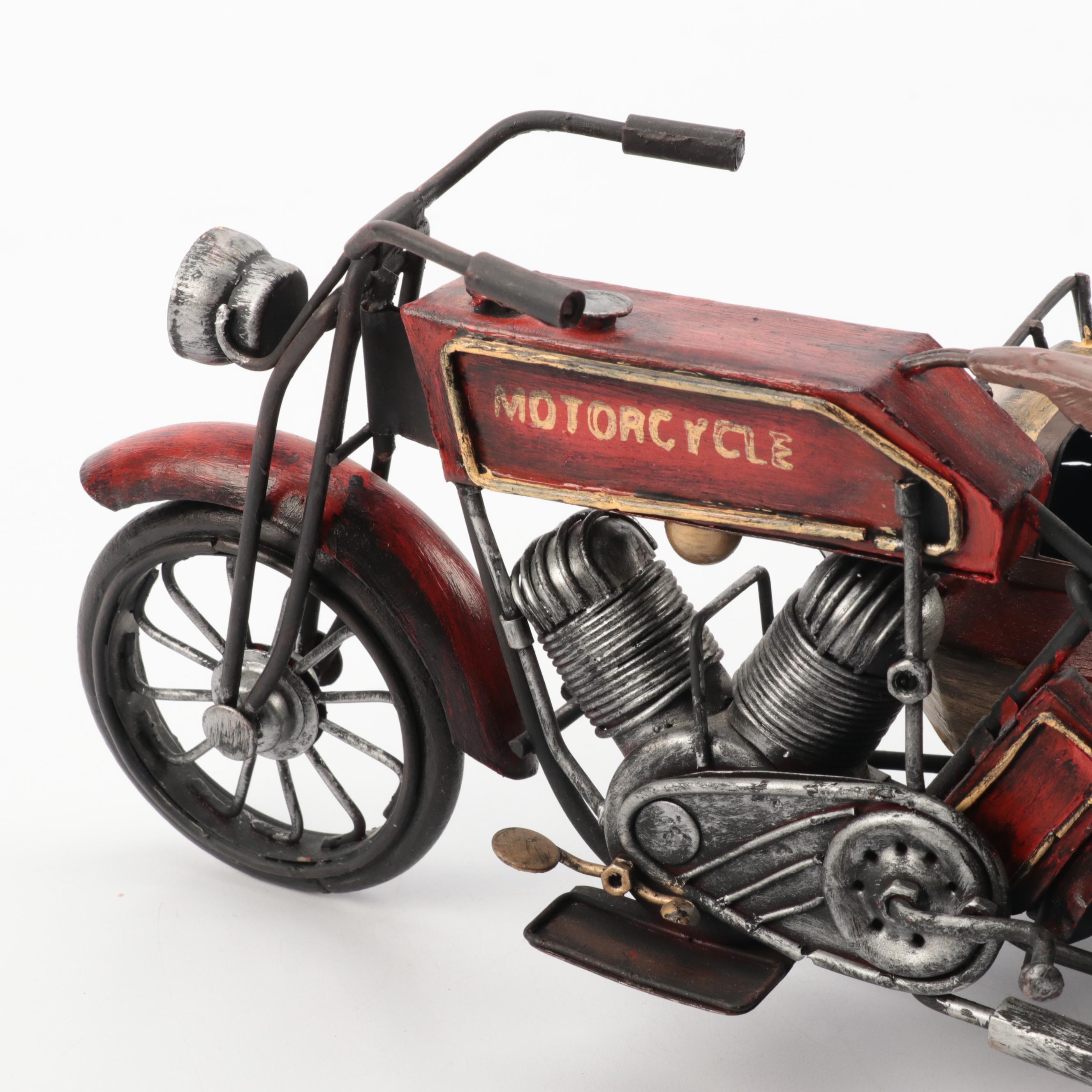 Hand-Painted Metal Model Motorcycle with Sidecar, Late 20th Century
