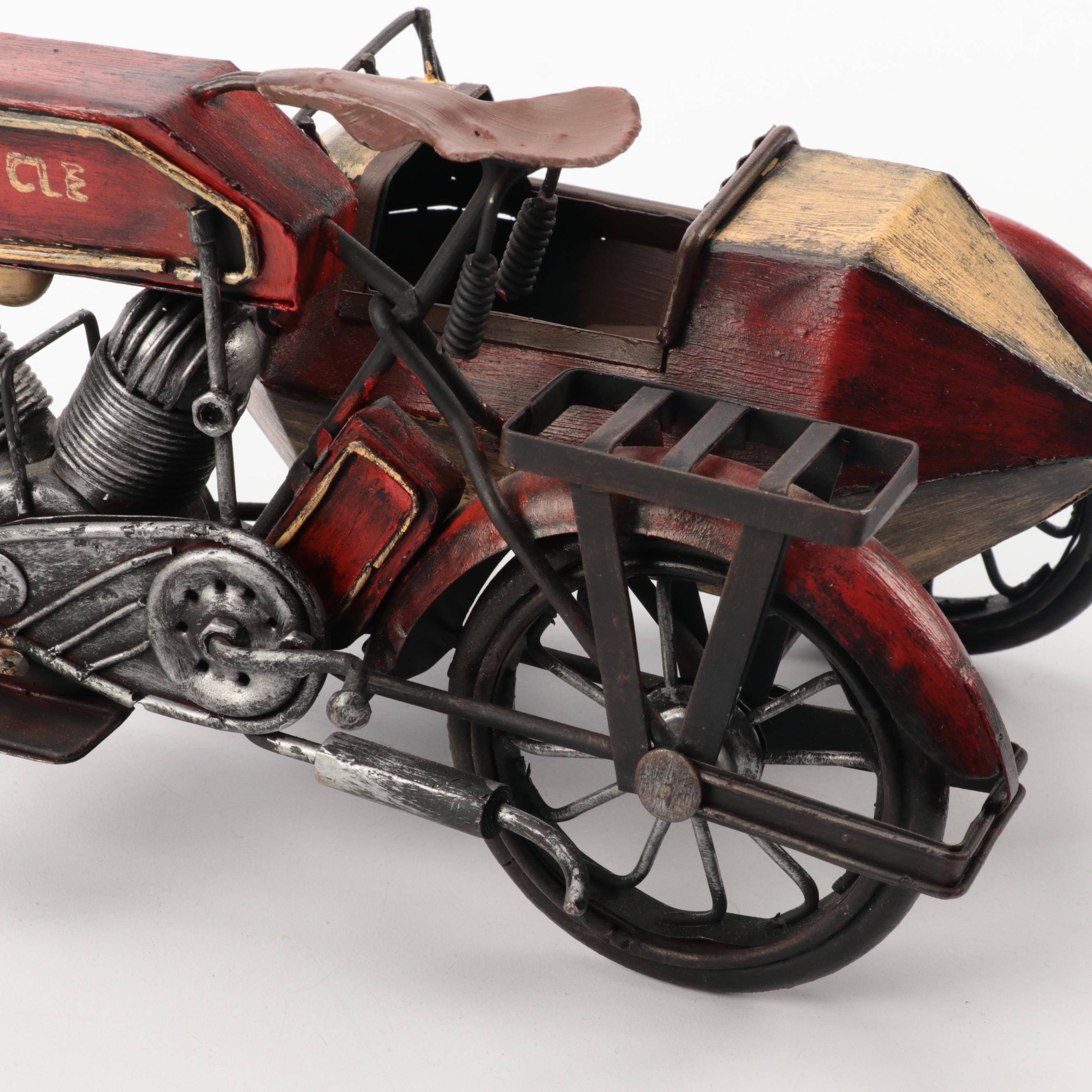 Hand-Painted Metal Model Motorcycle with Sidecar, Late 20th Century