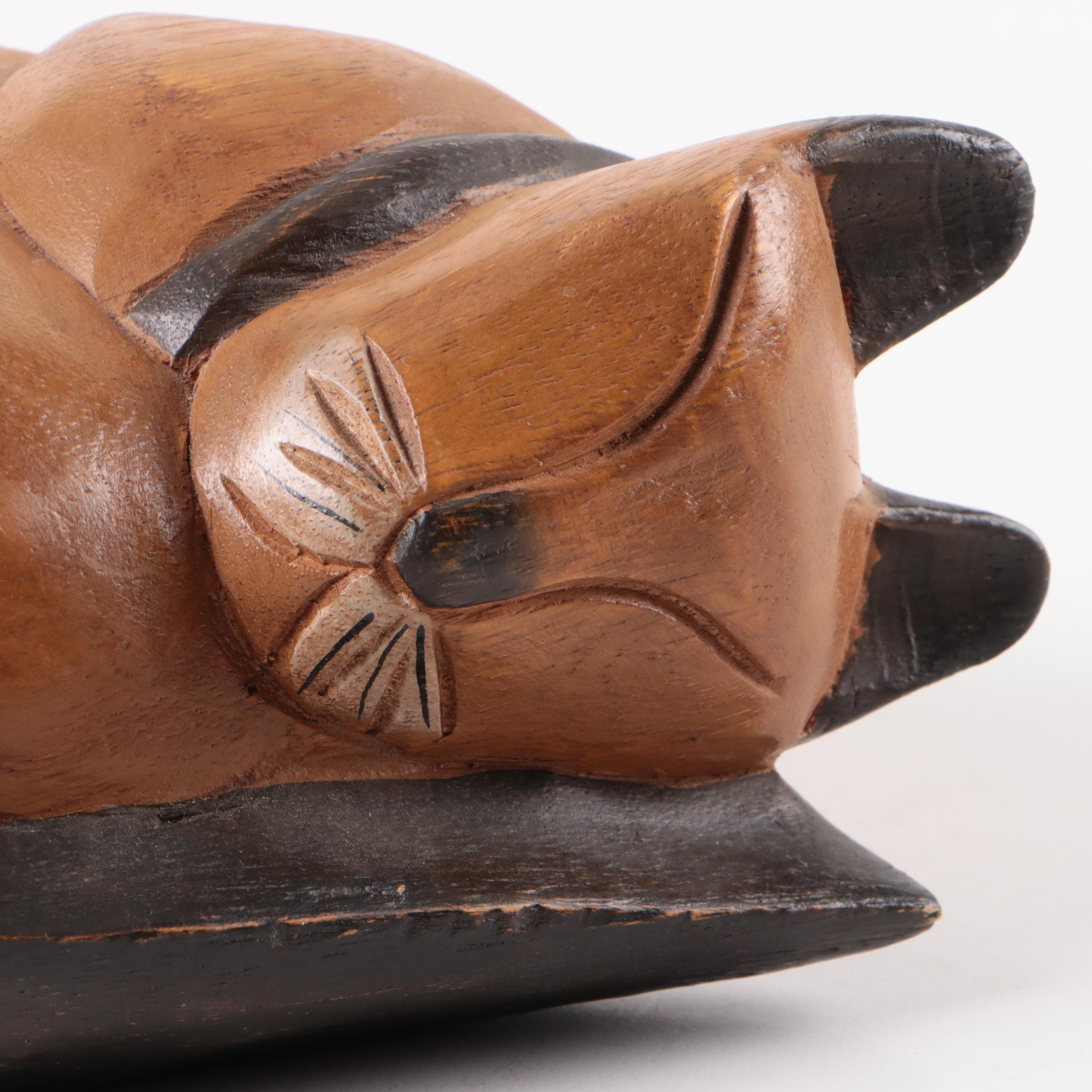 Carved Wood Sleeping Cat Figurine