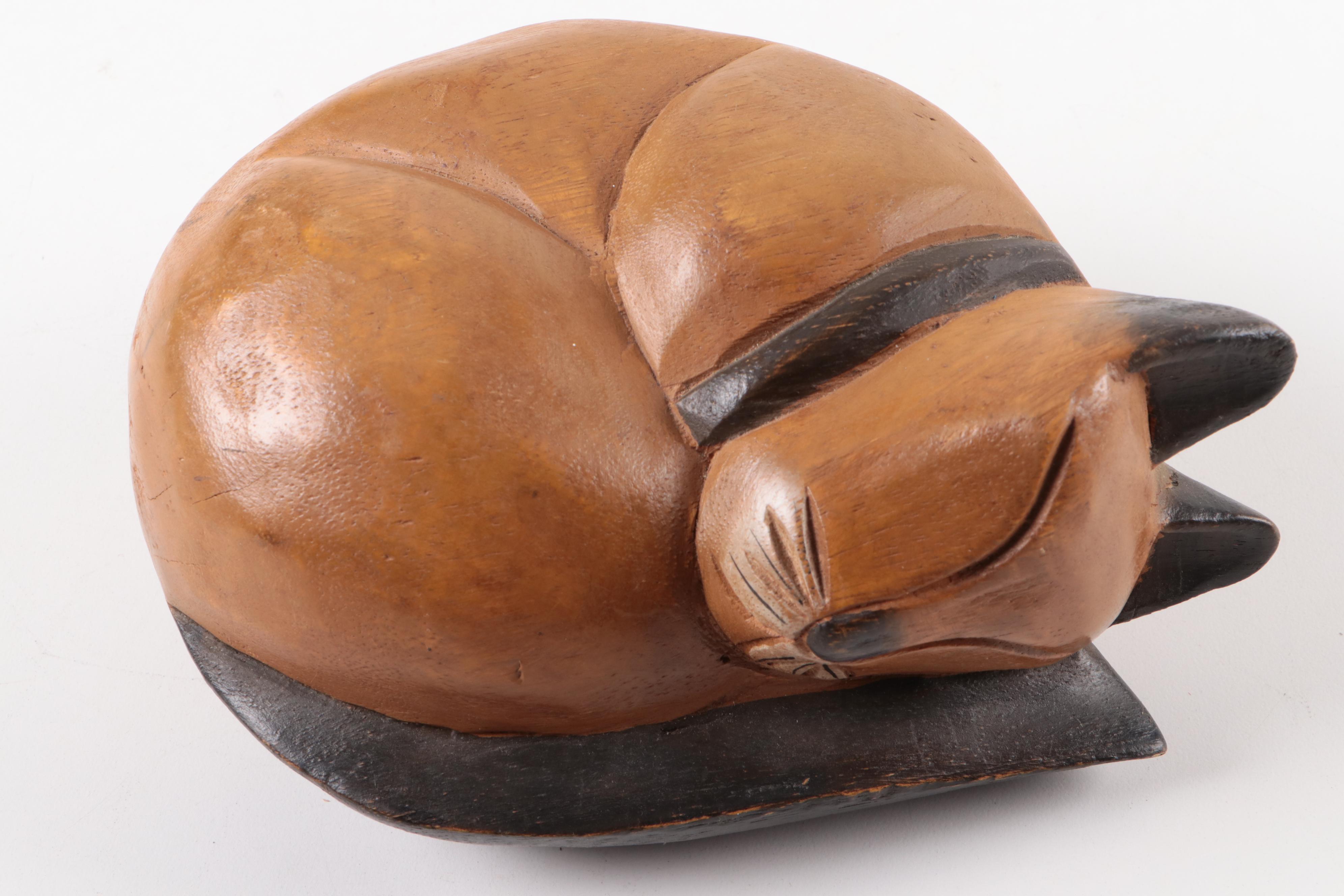 Carved Wood Sleeping Cat Figurine