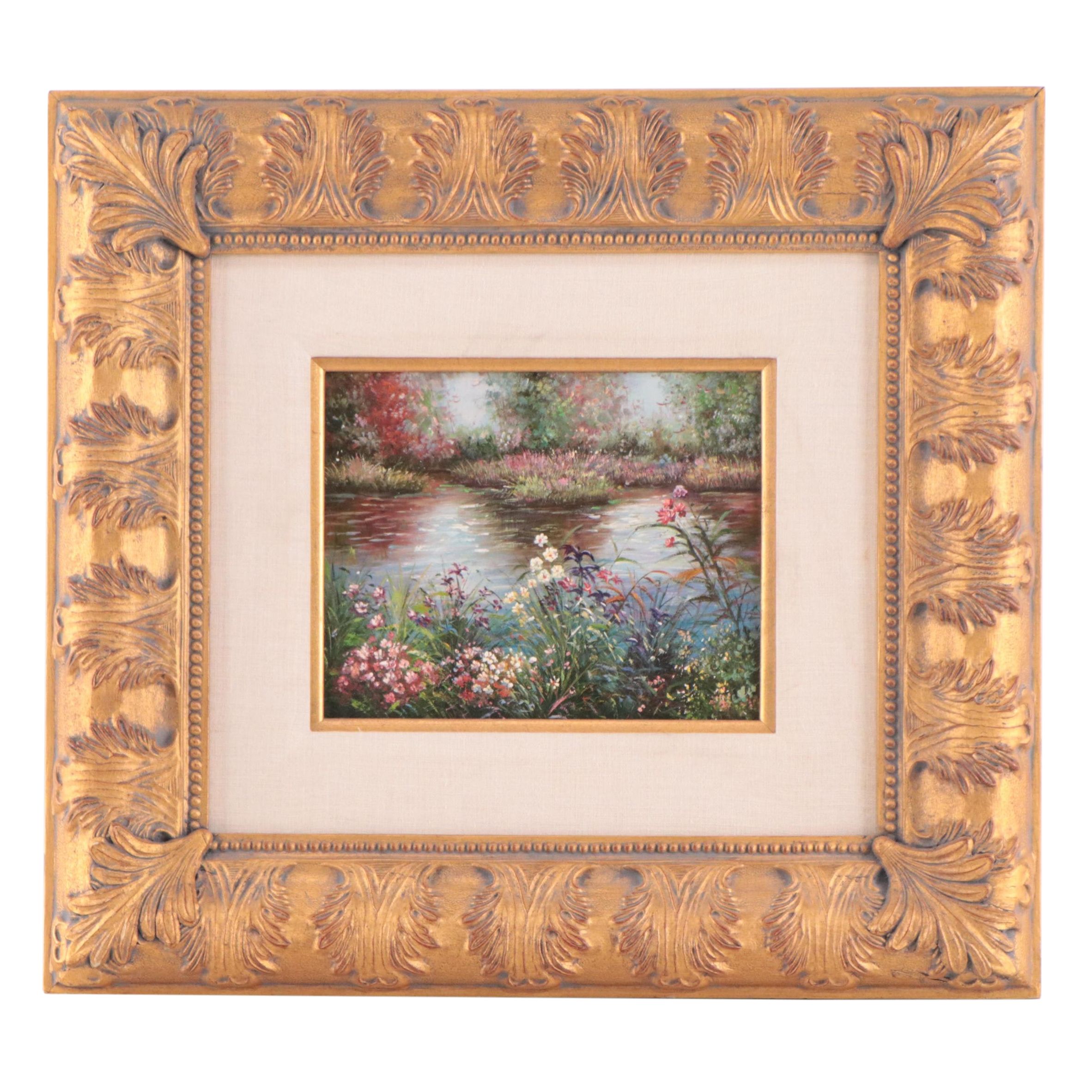 Landscape Oil Painting of Pond and Flowers