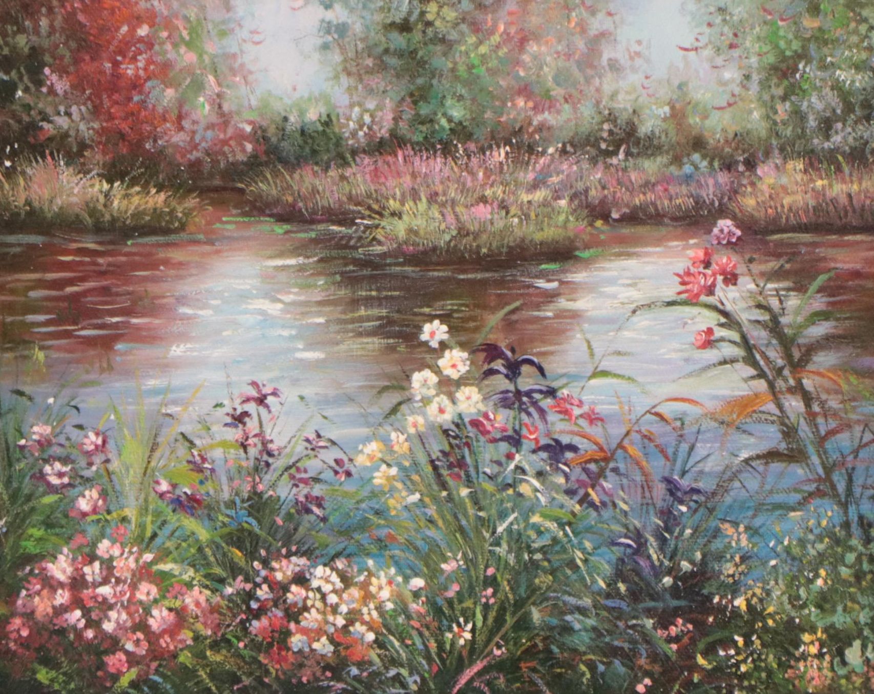 Landscape Oil Painting of Pond and Flowers