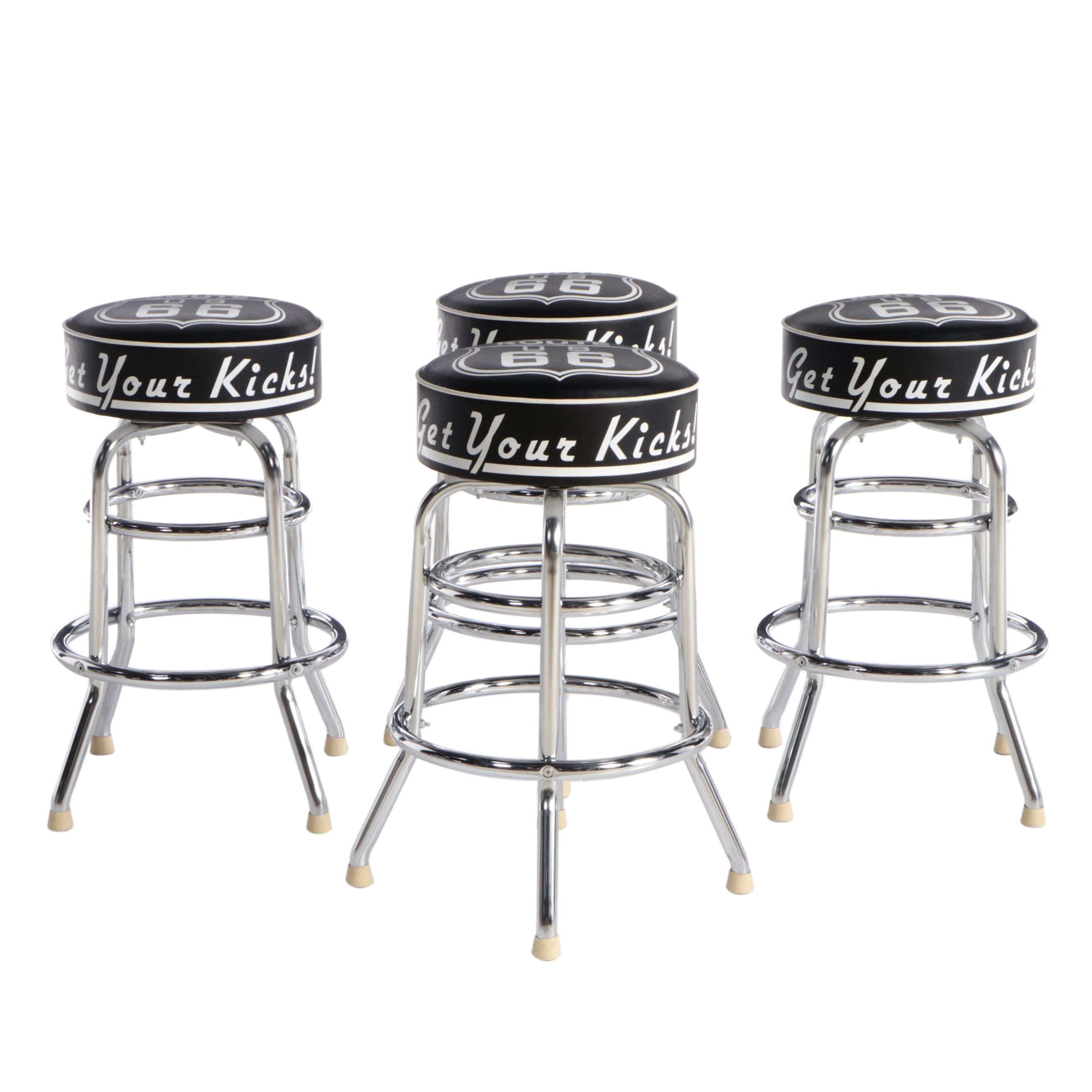 Four "Route 66" Chrome and Vinyl Swivel Bar Stools