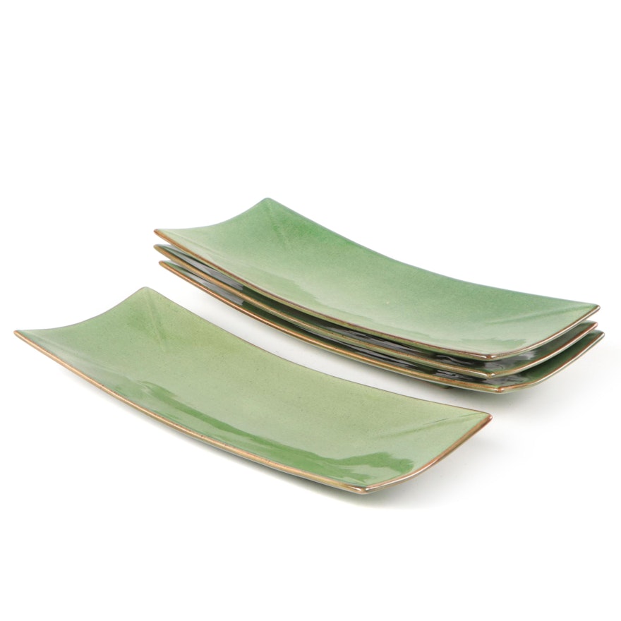 Green Glazed Curved Rectangular Ceramic Sushi Trays
