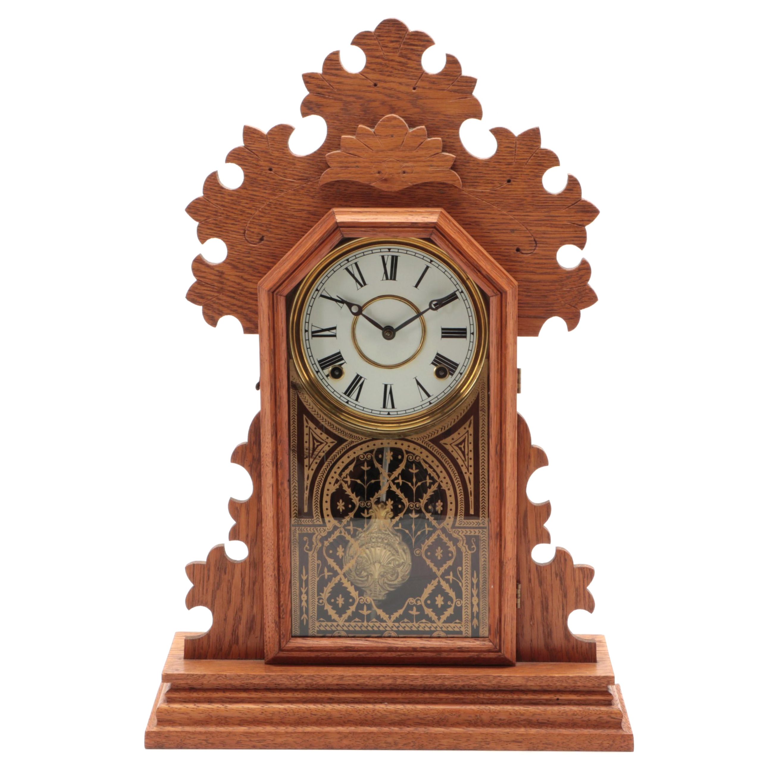 The E. Ingraham & Co. Eastlake Style Oak Wood Mantel Clock