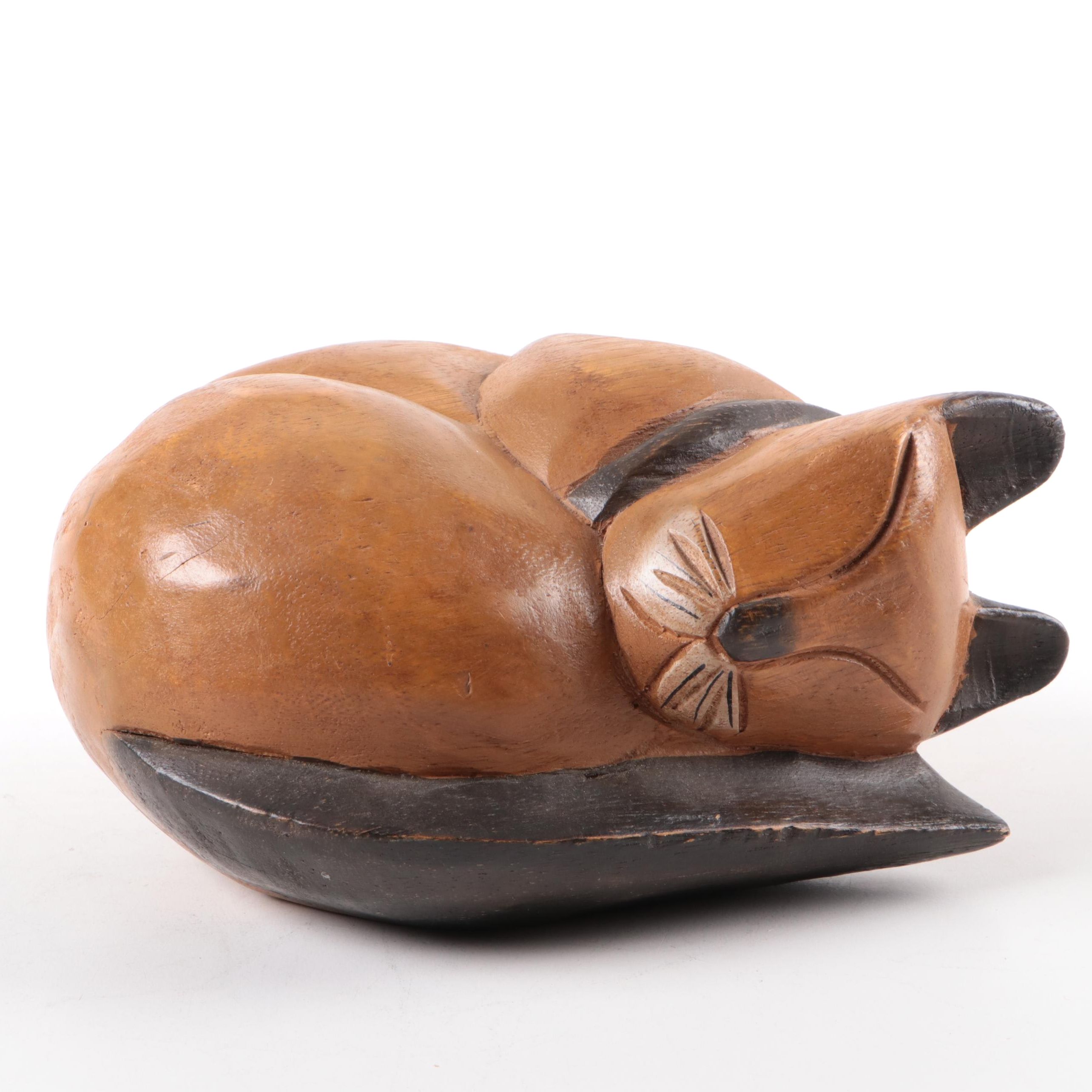 Carved Wood Sleeping Cat Figurine