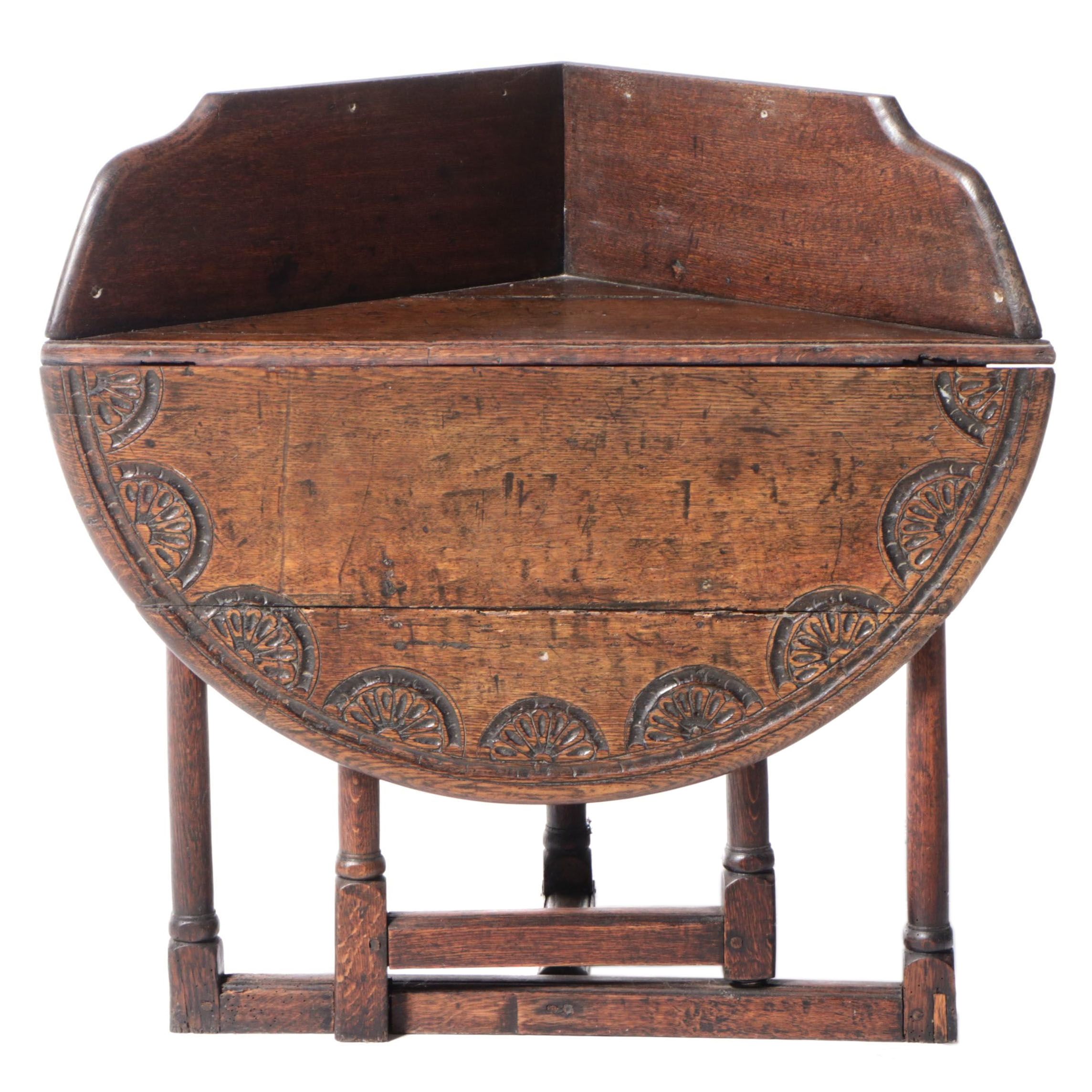 Carved Oak Drop Leaf Corner Table, Probably Charles II