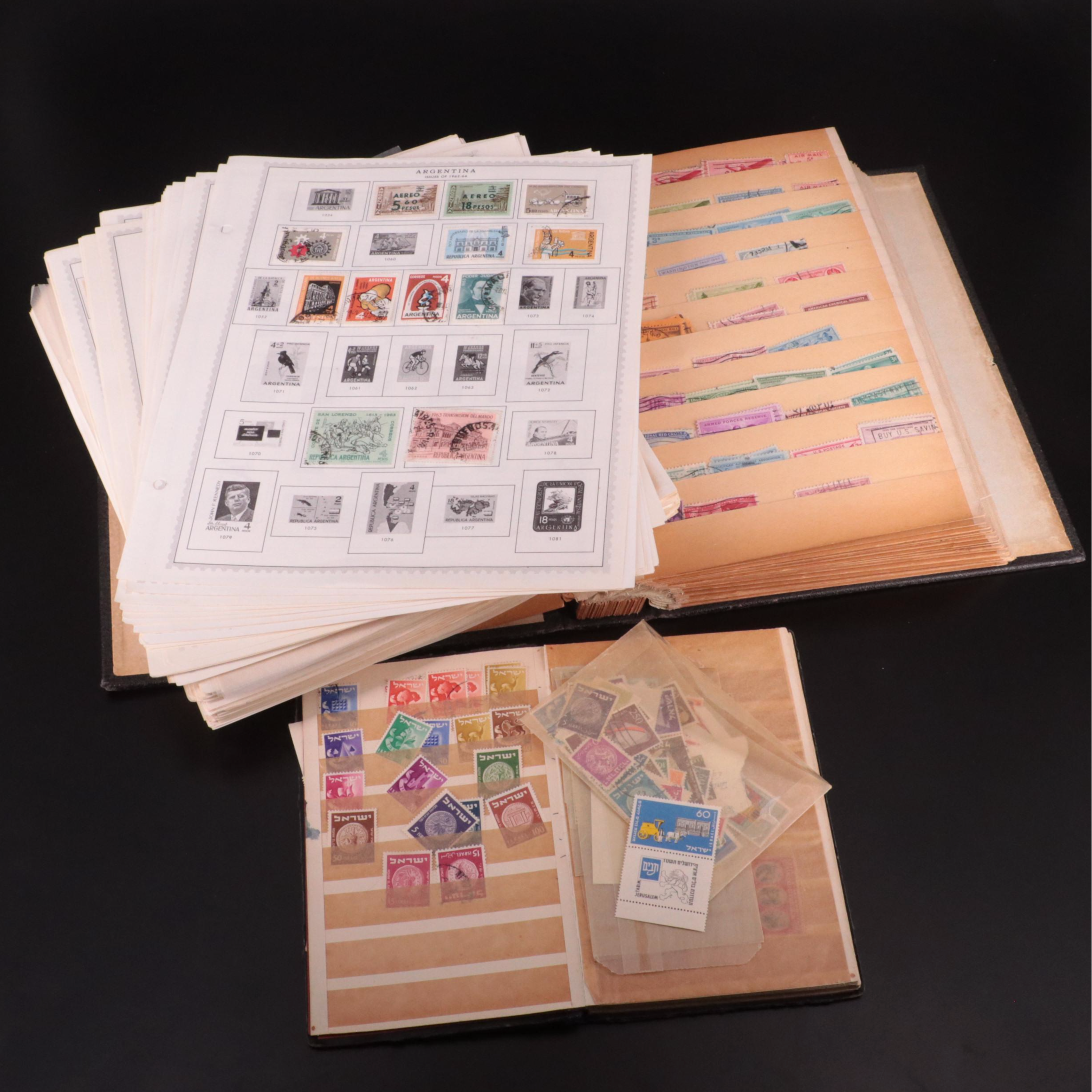 Stamp Stock Book, Pages From Minkus Albums, and a Plate Block Book