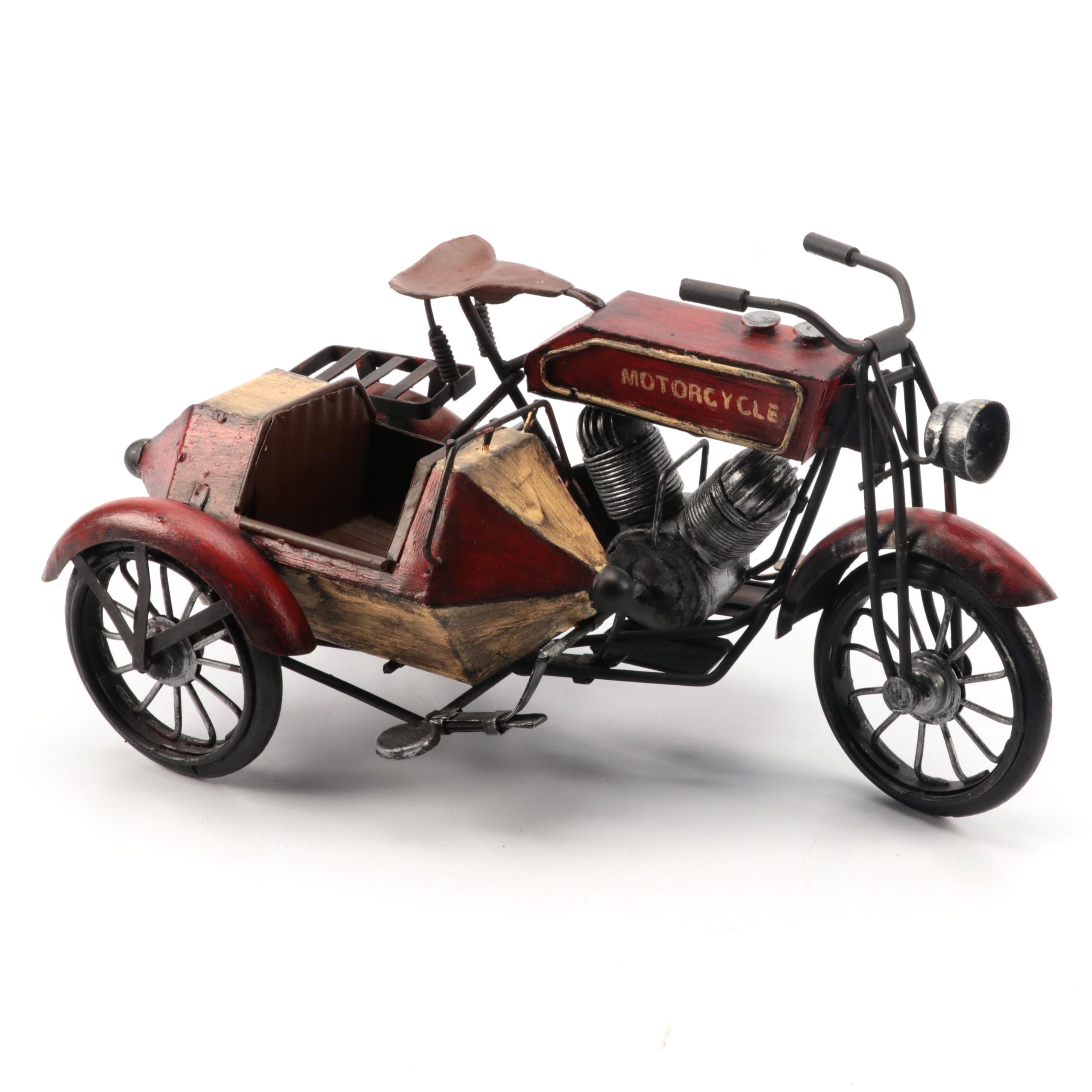 Hand-Painted Metal Model Motorcycle with Sidecar, Late 20th Century