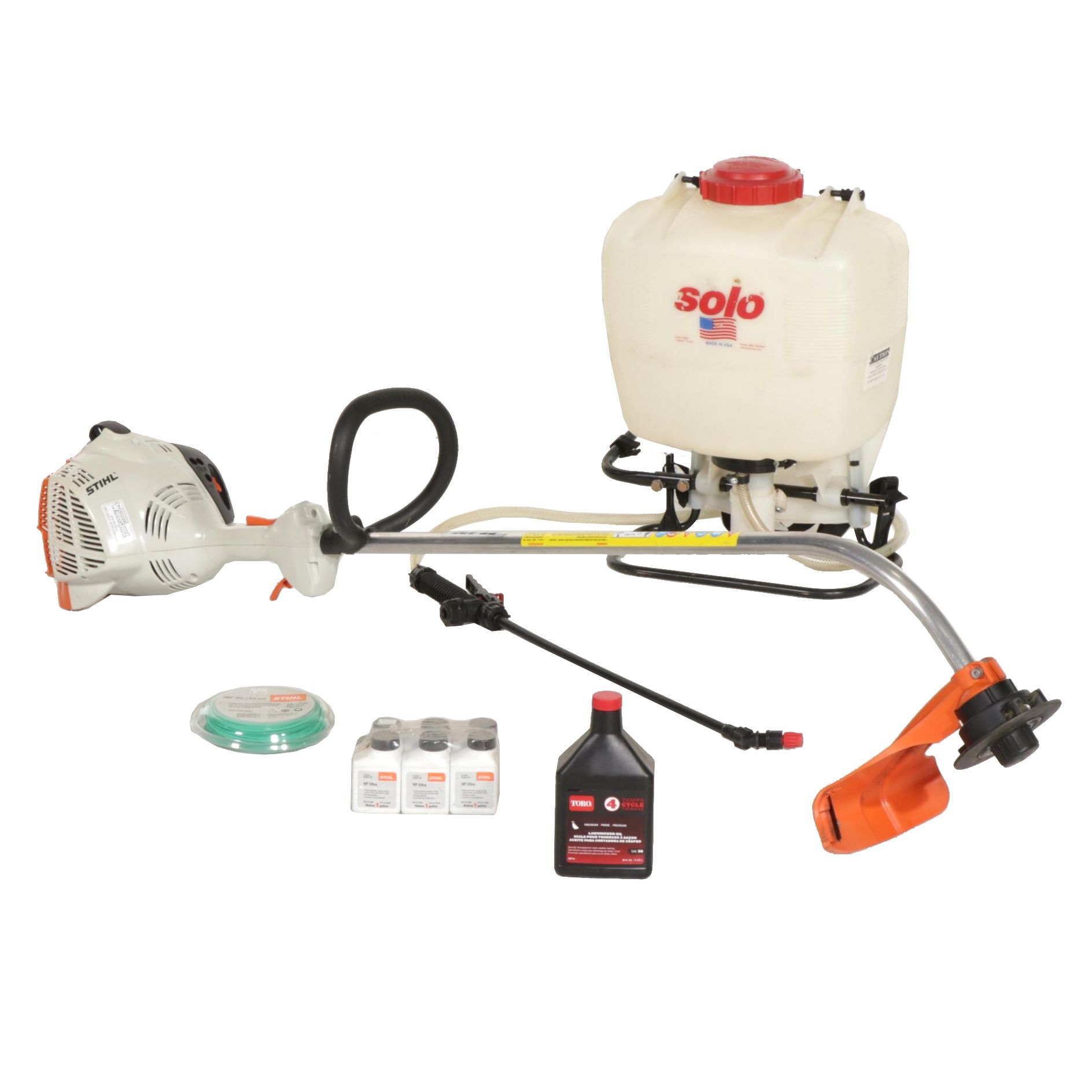 Stihl Gas Powered String Trimmer With Solo 4 Gal Backpack Sprayer, Accessories