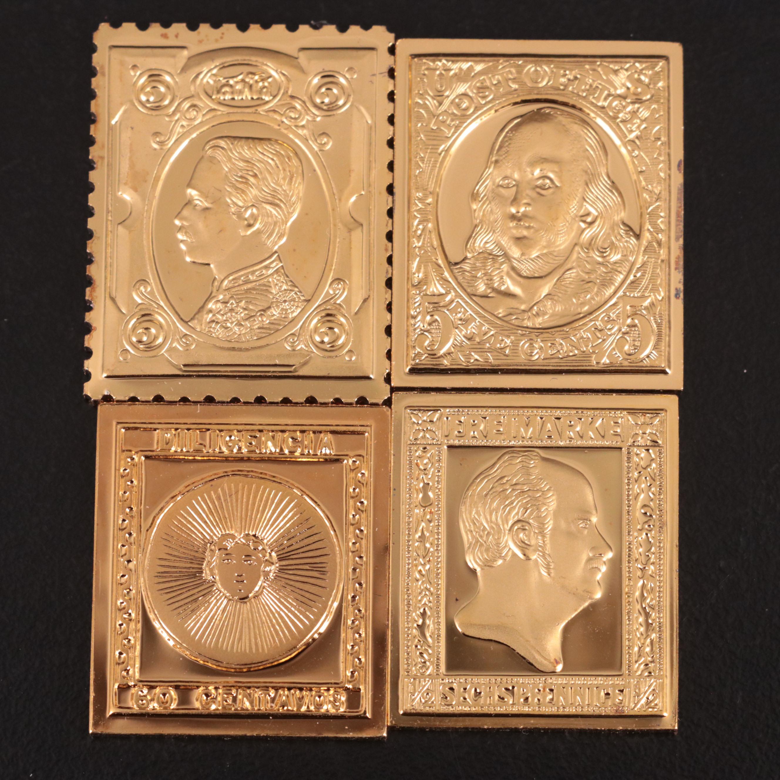 Thirteen Gold-Plated Sterling Silver Postage Stamp Reproductions