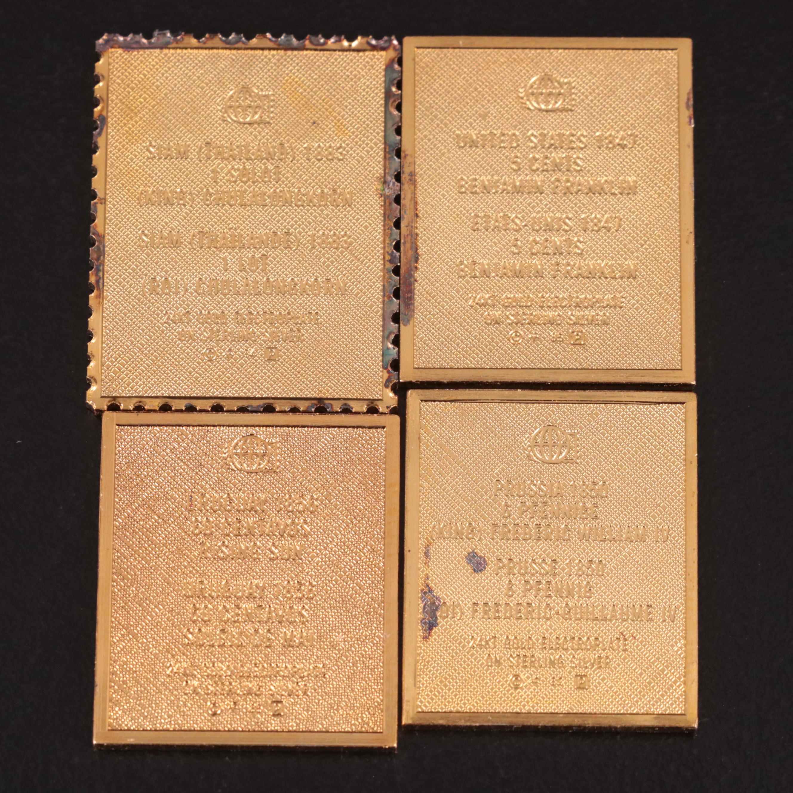 Thirteen Gold-Plated Sterling Silver Postage Stamp Reproductions