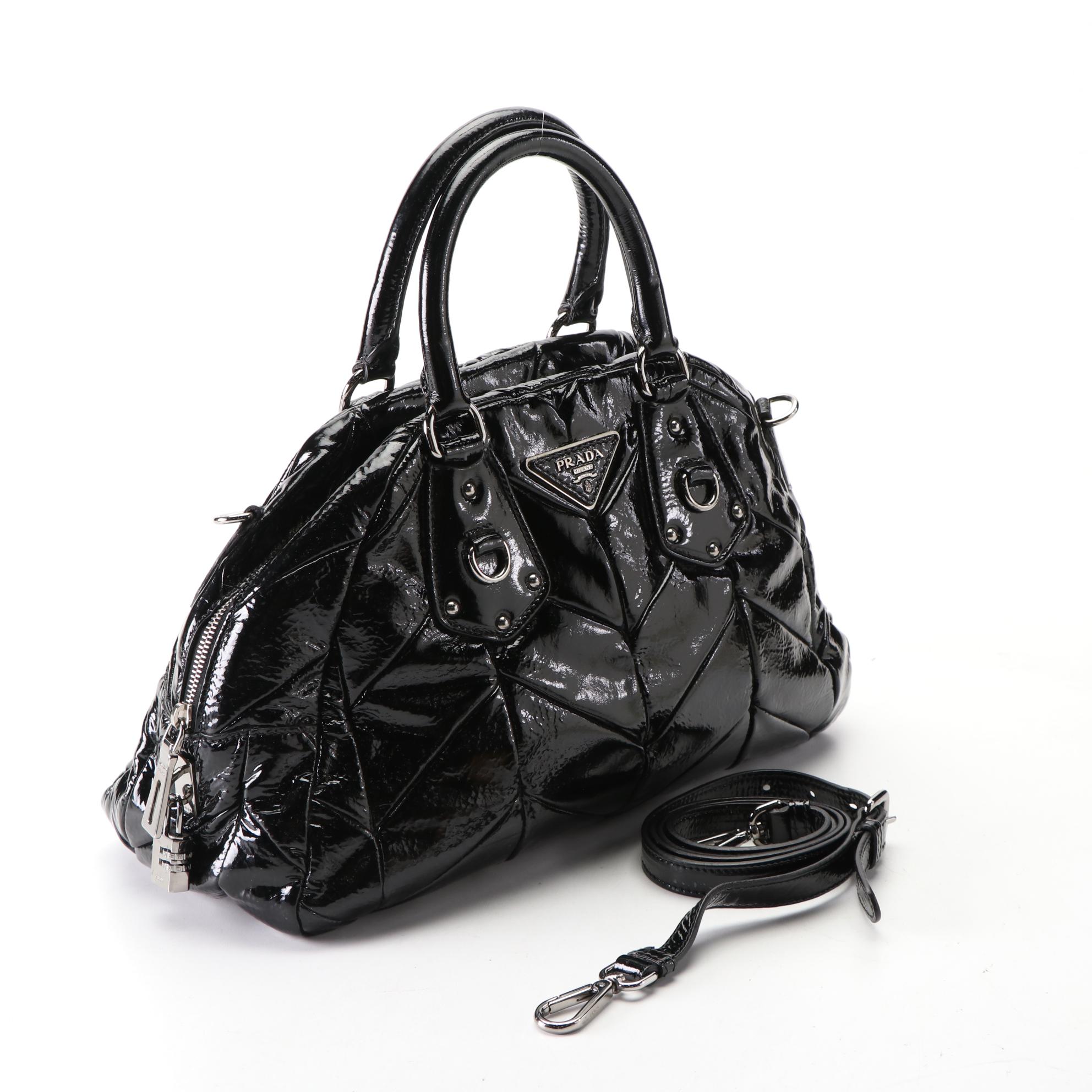 Prada Two-Way Handbag in Black Quilted Patent Leather