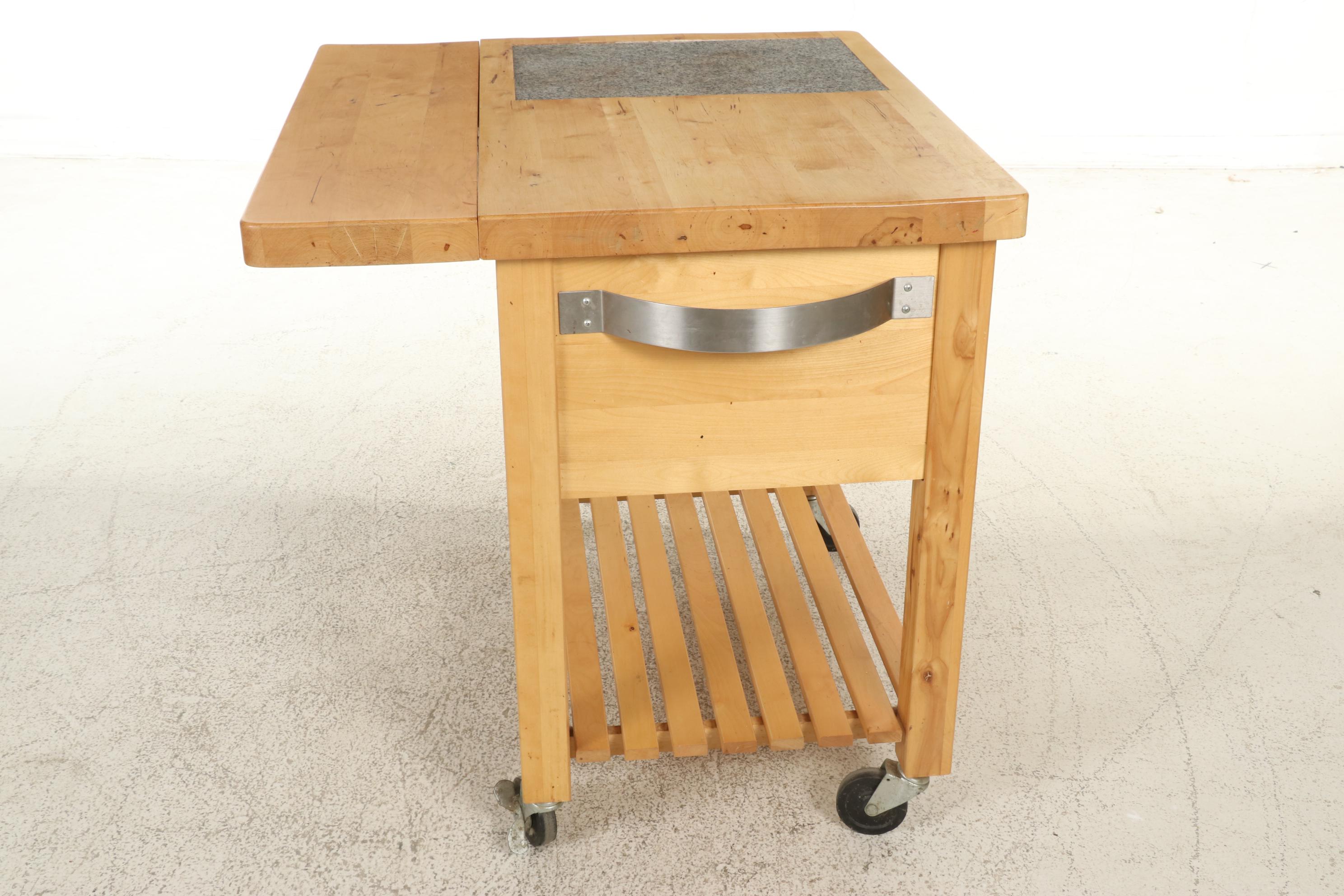 Wooden Butcher Block with Granite Insert Kitchen Island on Wheels