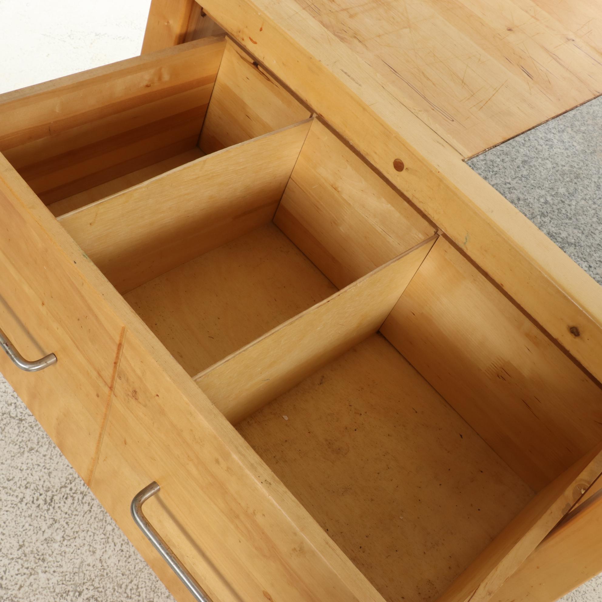 Wooden Butcher Block with Granite Insert Kitchen Island on Wheels
