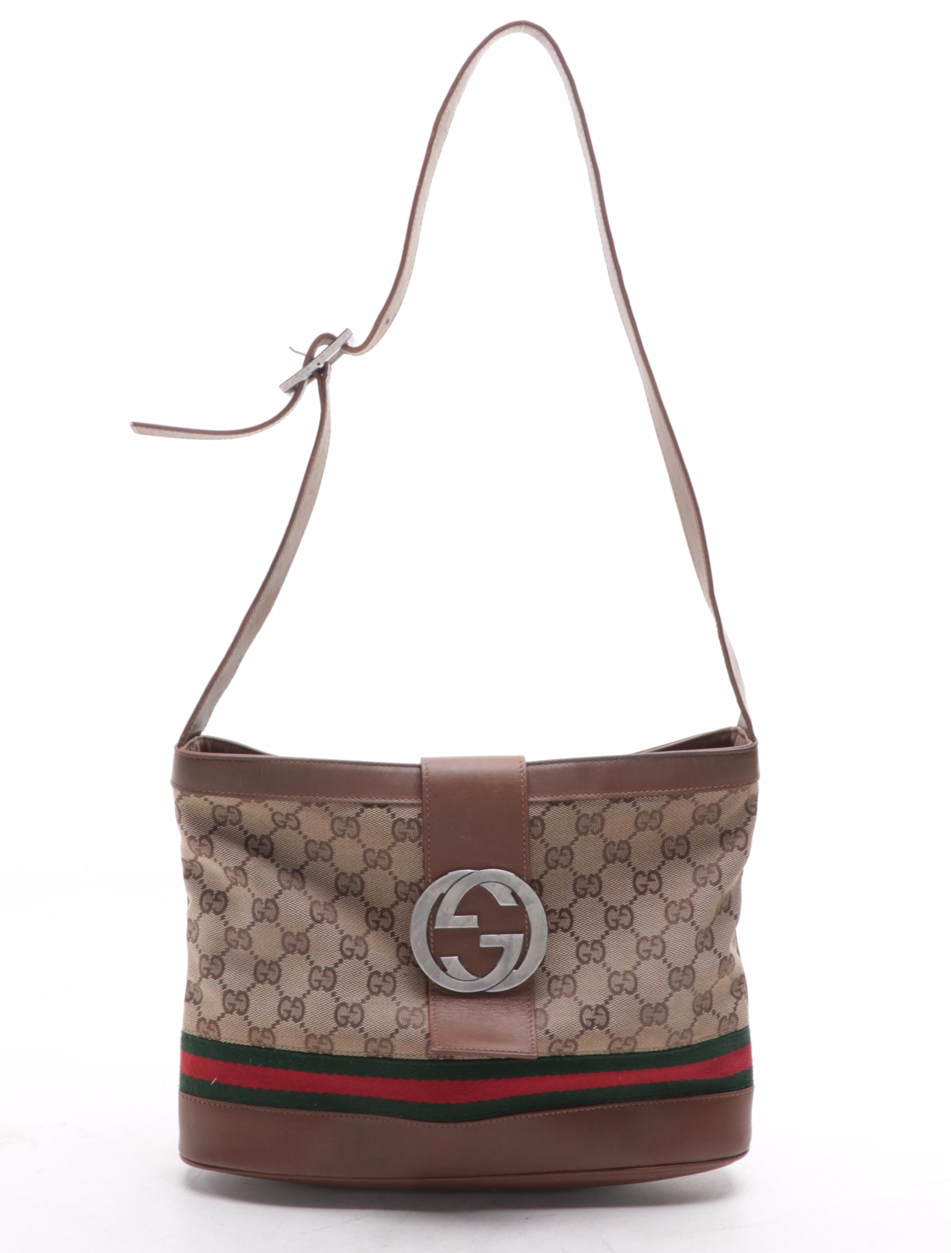 Gucci Web Stripe Shoulder Bag in GG Canvas with Leather Trim