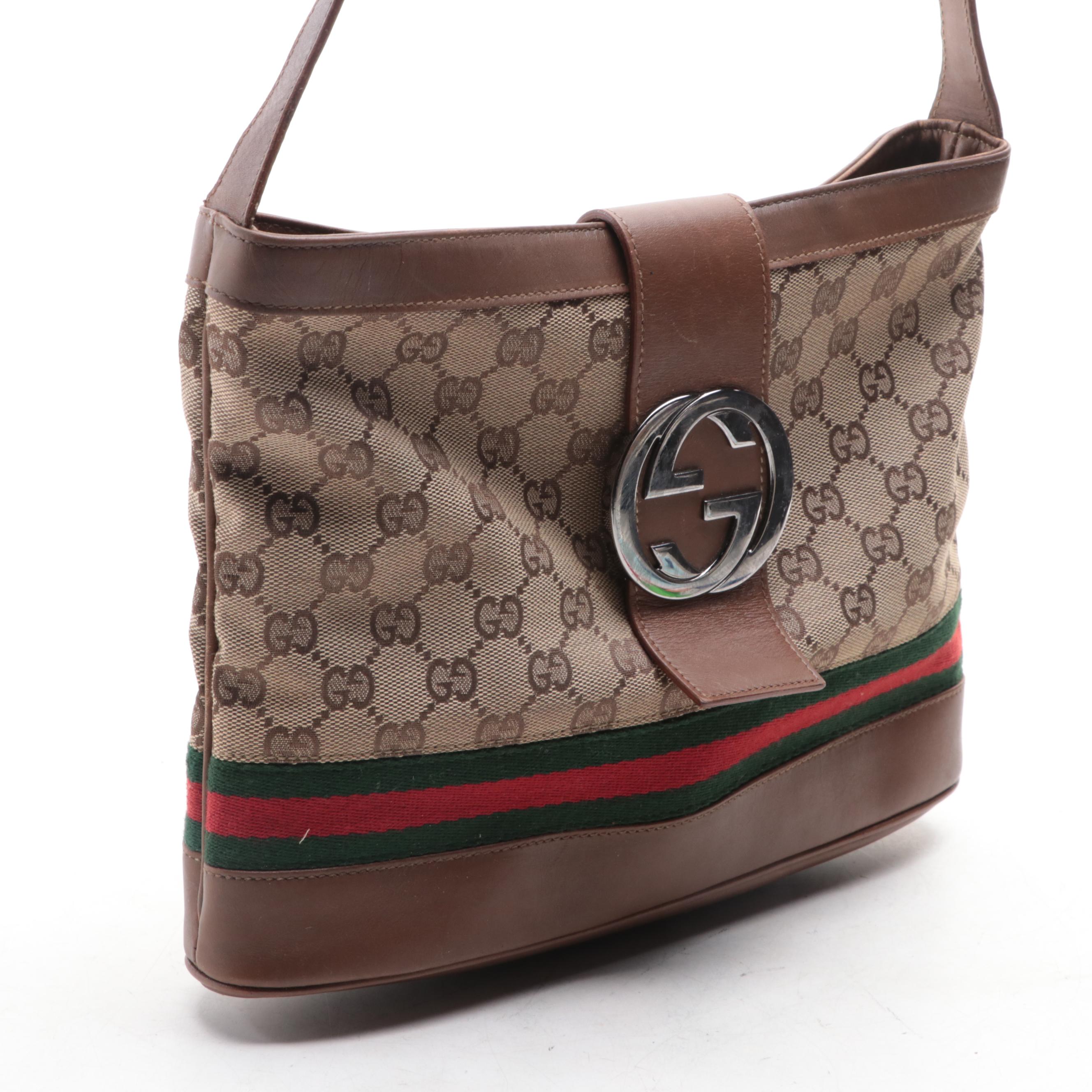 Gucci Web Stripe Shoulder Bag in GG Canvas with Leather Trim