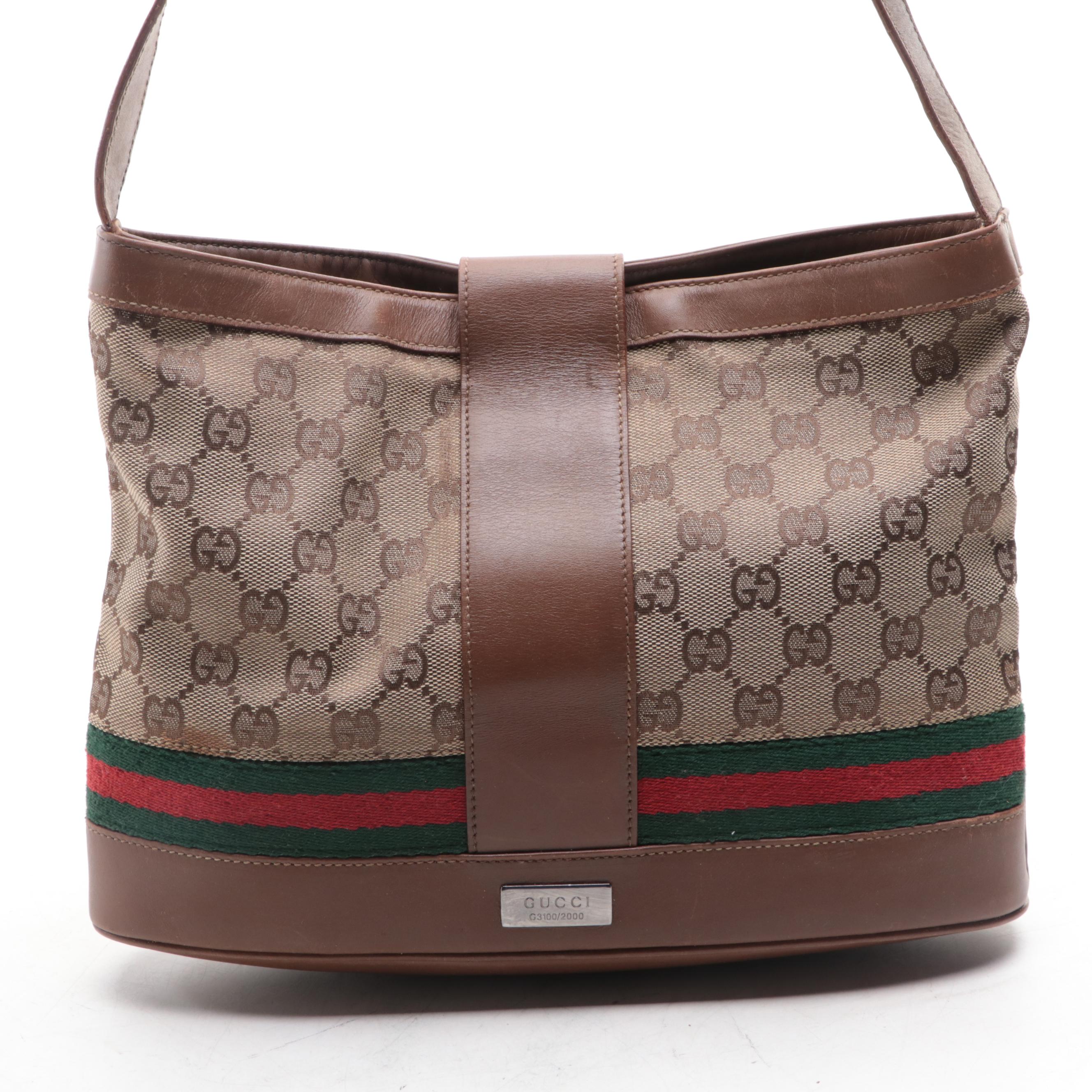 Gucci Web Stripe Shoulder Bag in GG Canvas with Leather Trim