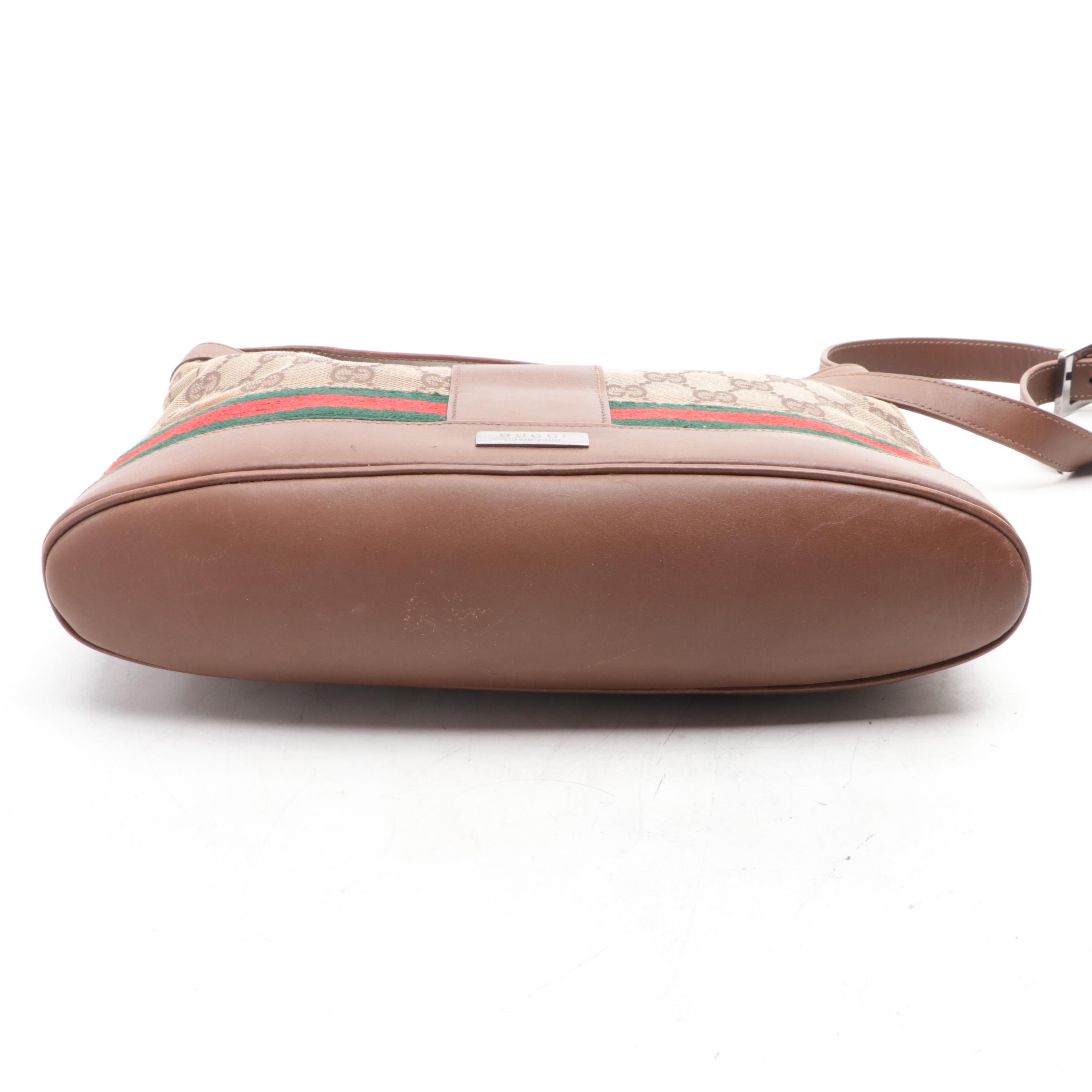 Gucci Web Stripe Shoulder Bag in GG Canvas with Leather Trim